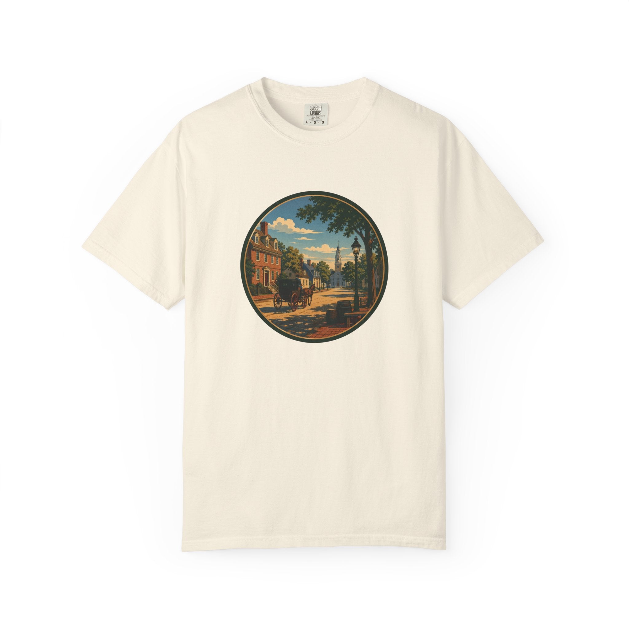 Colonial Carriage Ride T-Shirt — Retro Scenic Circle Print