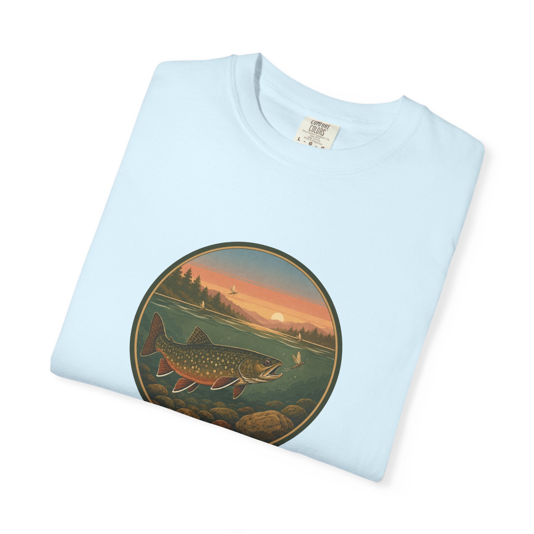 Brook Trout Sunset Fishing T-Shirt — Vintage River Scene Tee