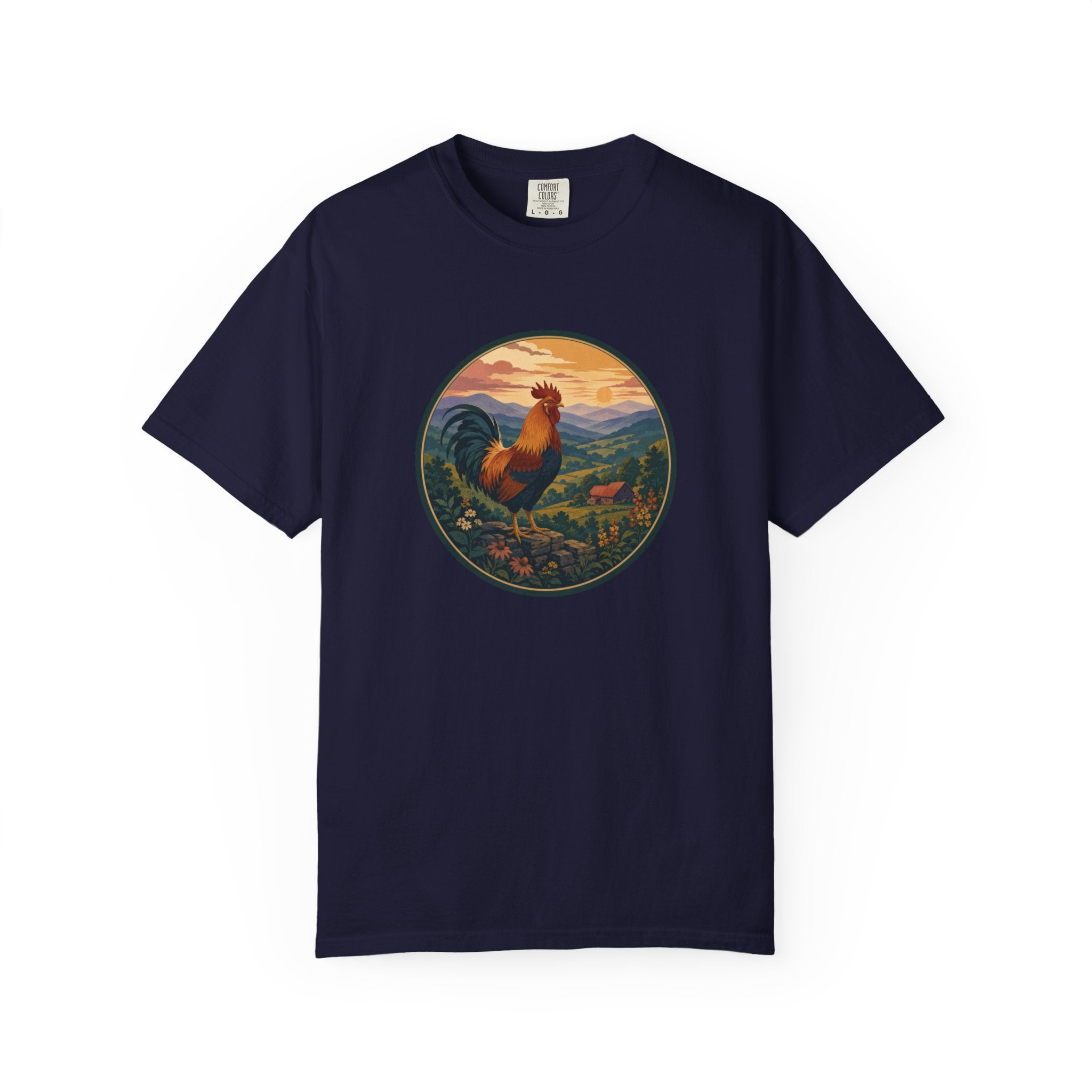 Blue Ridge Rooster Sunrise T-Shirt — Vintage Farm Scene Tee
