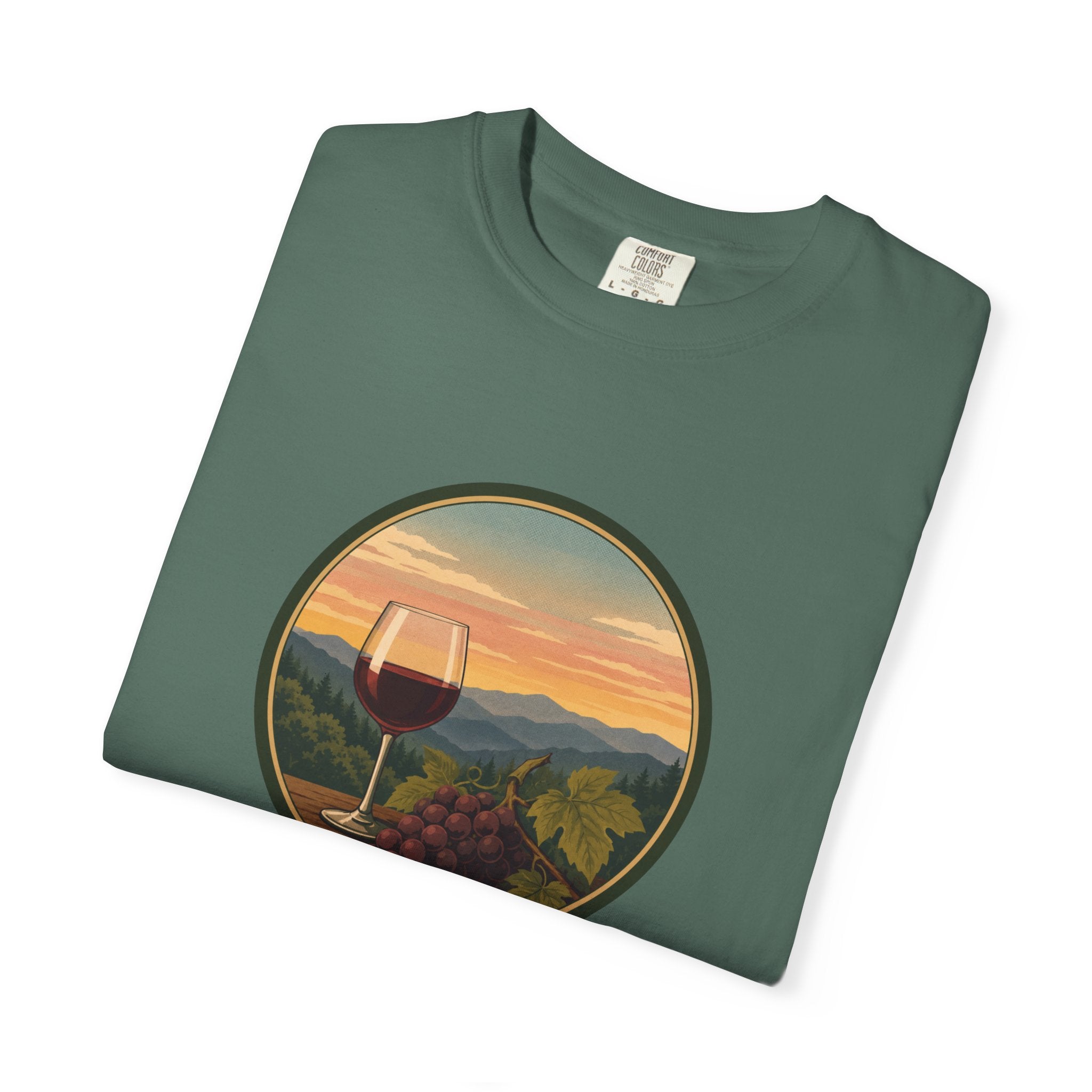 Wine Sunset T-Shirt — Vineyard Glass & Grapes Scenic Tee