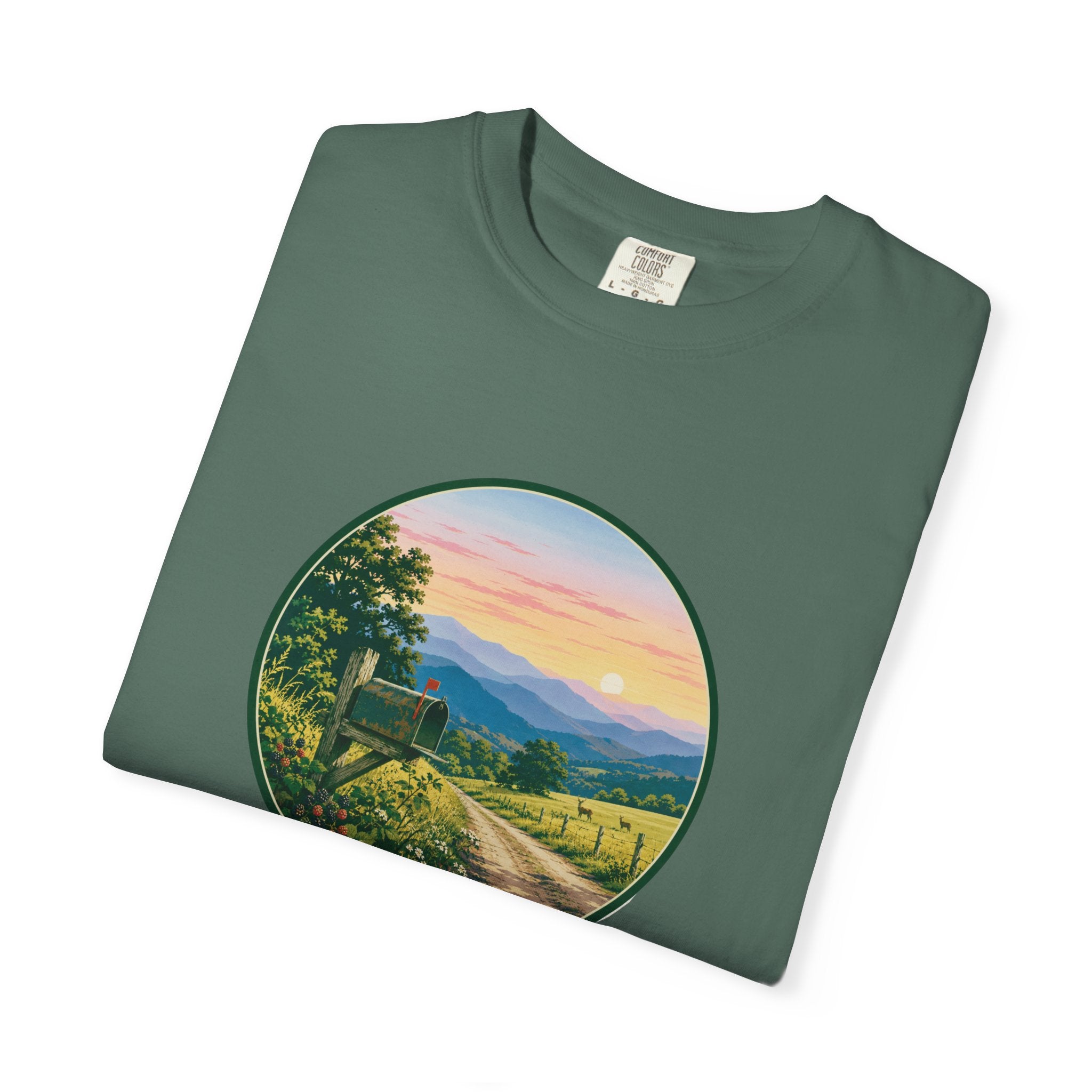 Scenic Backroad Sunset T-Shirt — Vintage Mailbox Circle Landscape Tee