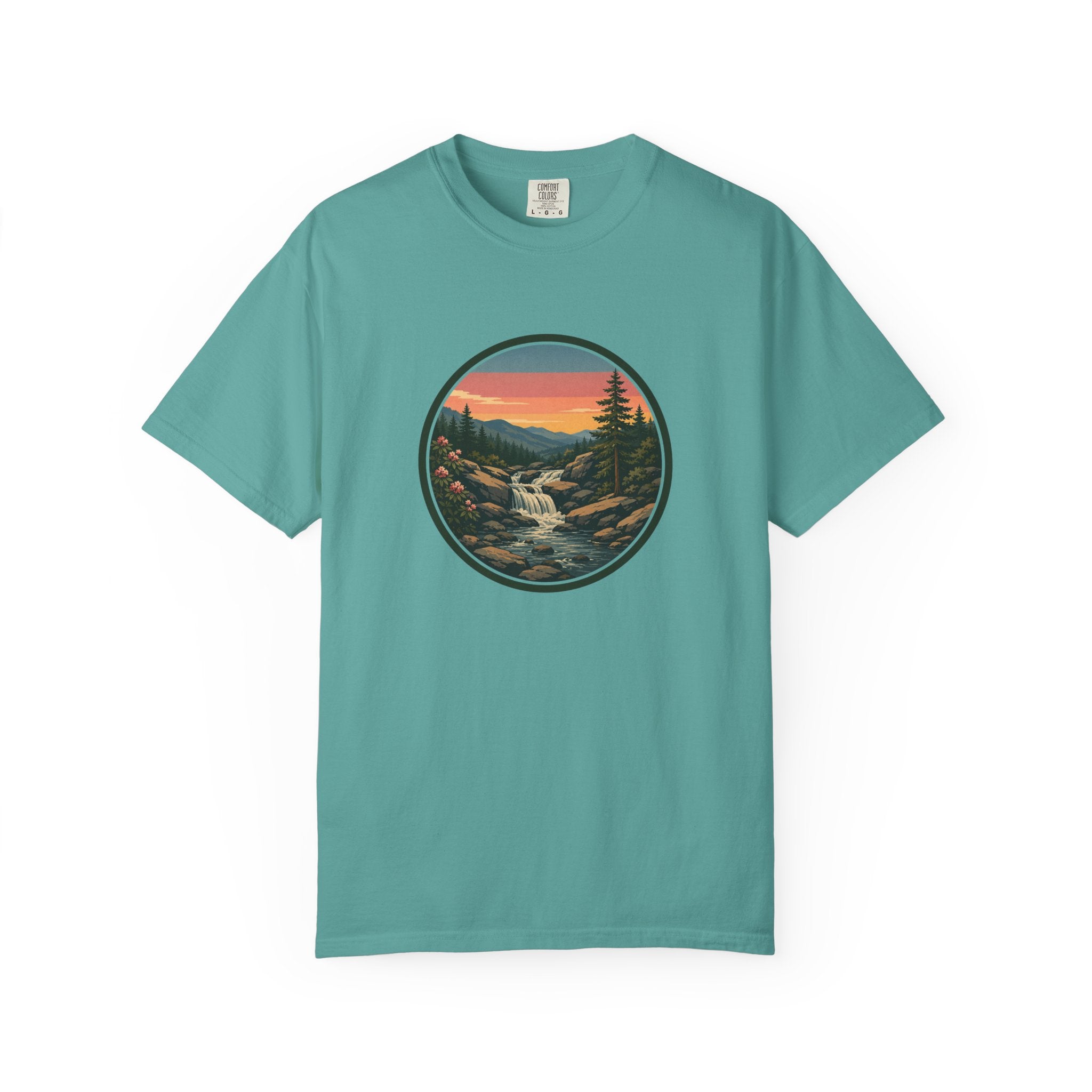 Scenic Waterfall T‑Shirt — Sunset Wilderness Nature Graphic