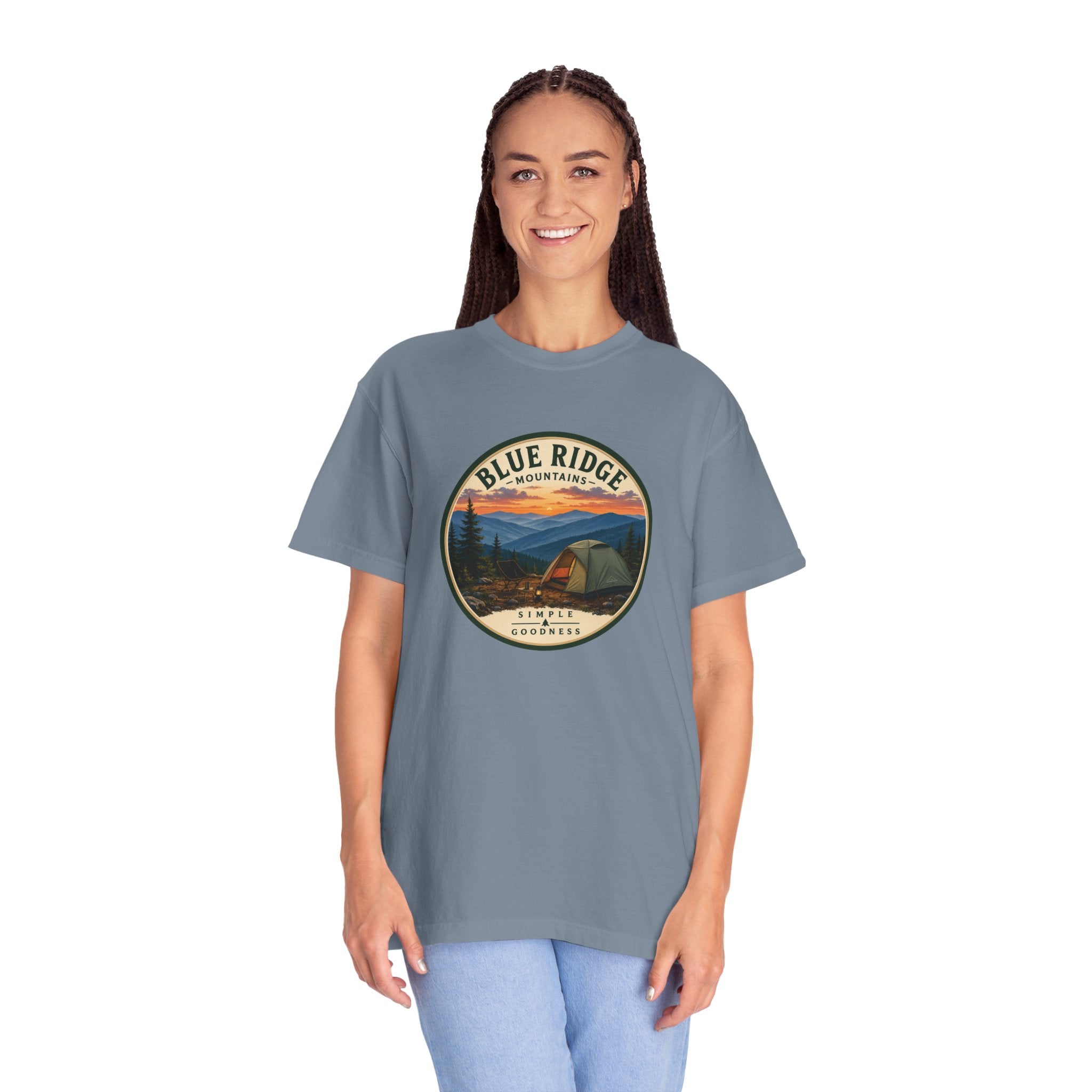 Blue Ridge Mountains Camping T-Shirt — Vintage Scenic Camp Graphic