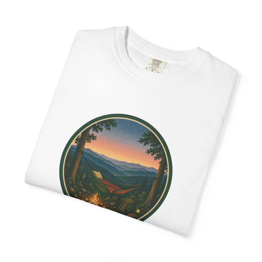 Campfire Mountain Sunset T-Shirt — Scenic Hiking Adventure Tee