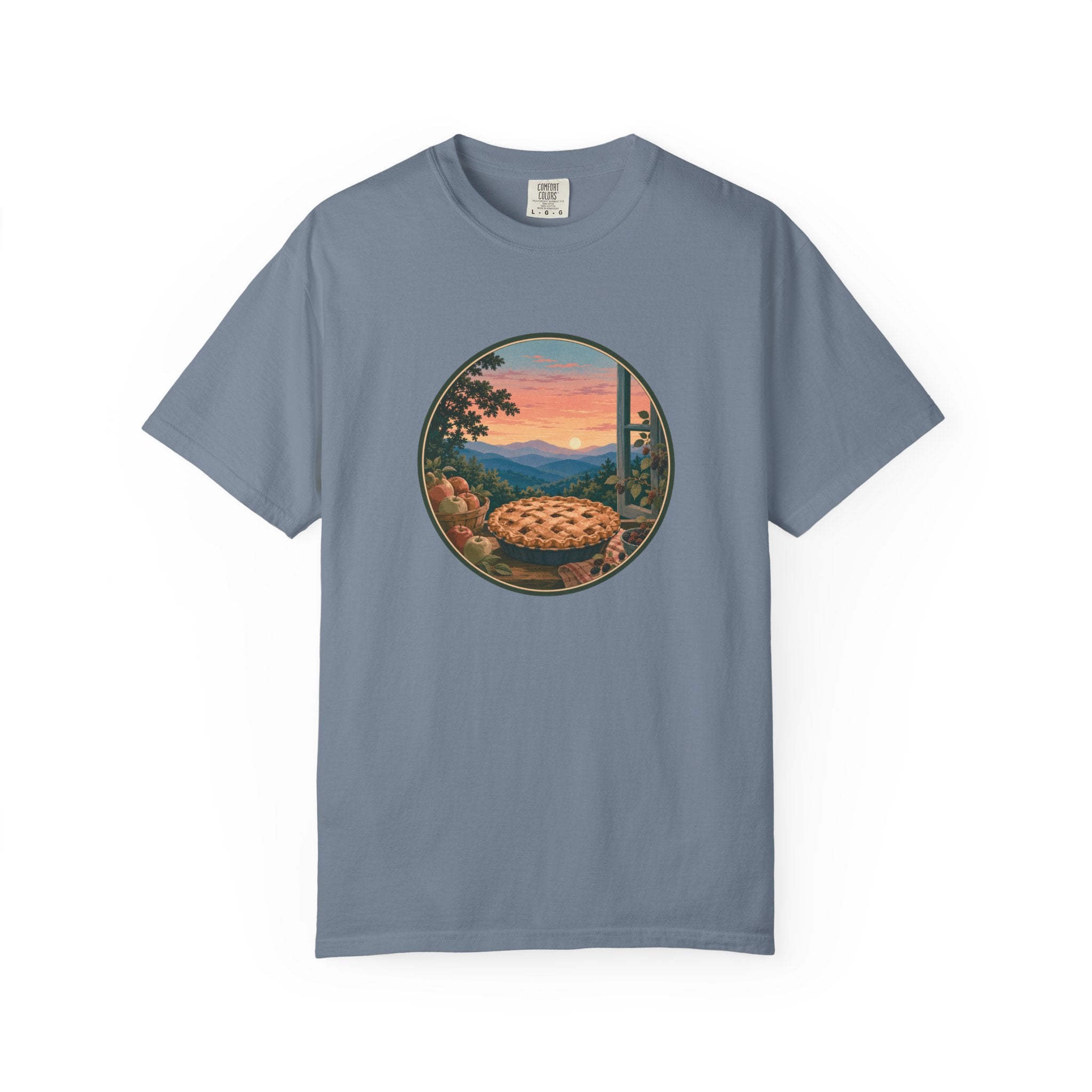 Scenic Pie Window T-Shirt — Sunset Mountain View Graphic Tee