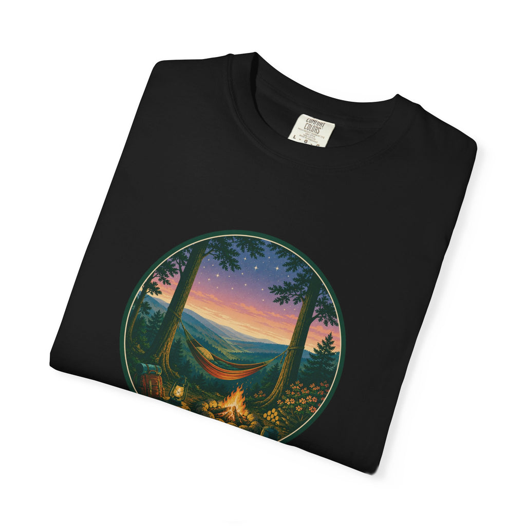 Hammock Camping Sunset T-Shirt — Bonfire Night Outdoor Graphic Tee