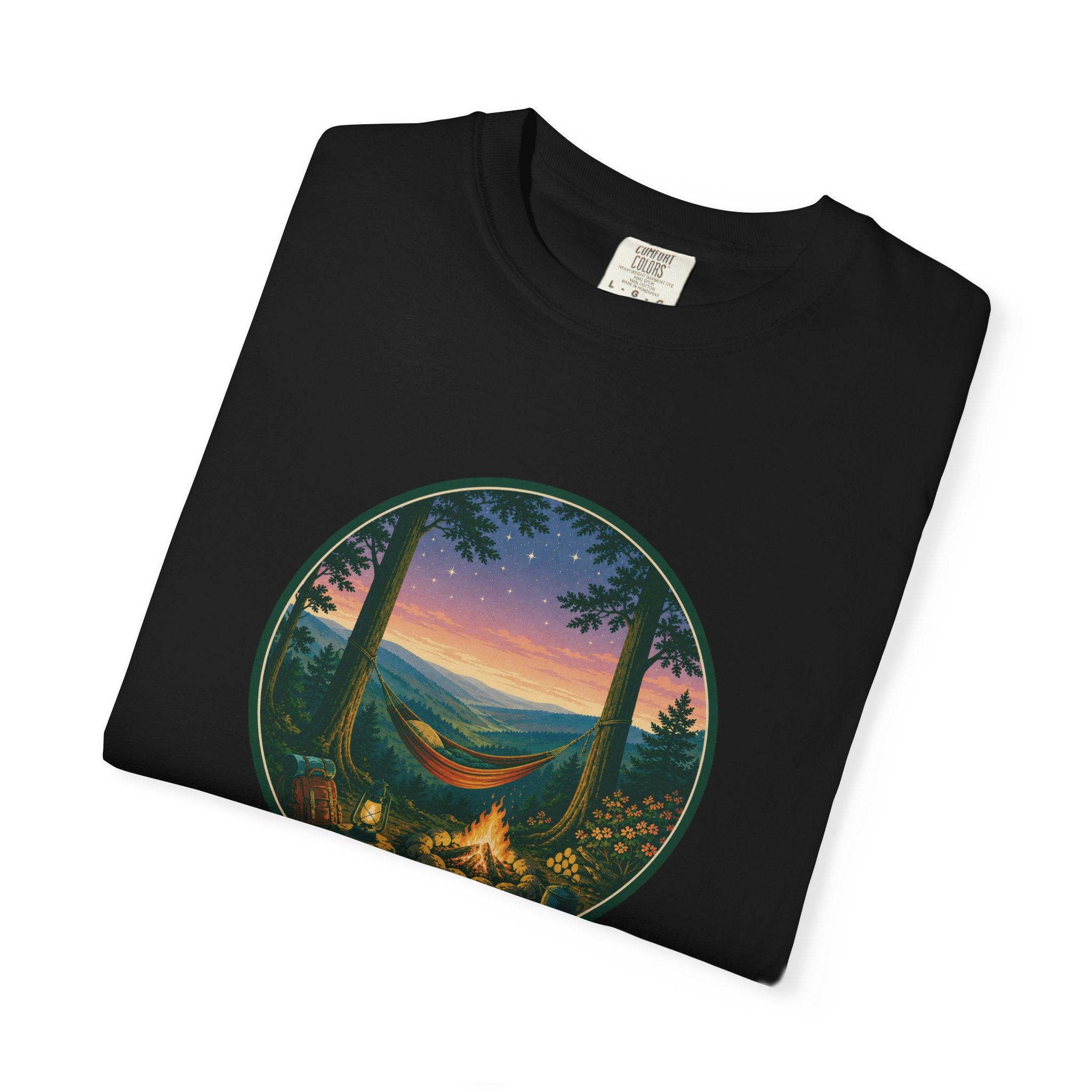 Hammock Camping Sunset T-Shirt — Bonfire Night Outdoor Graphic Tee
