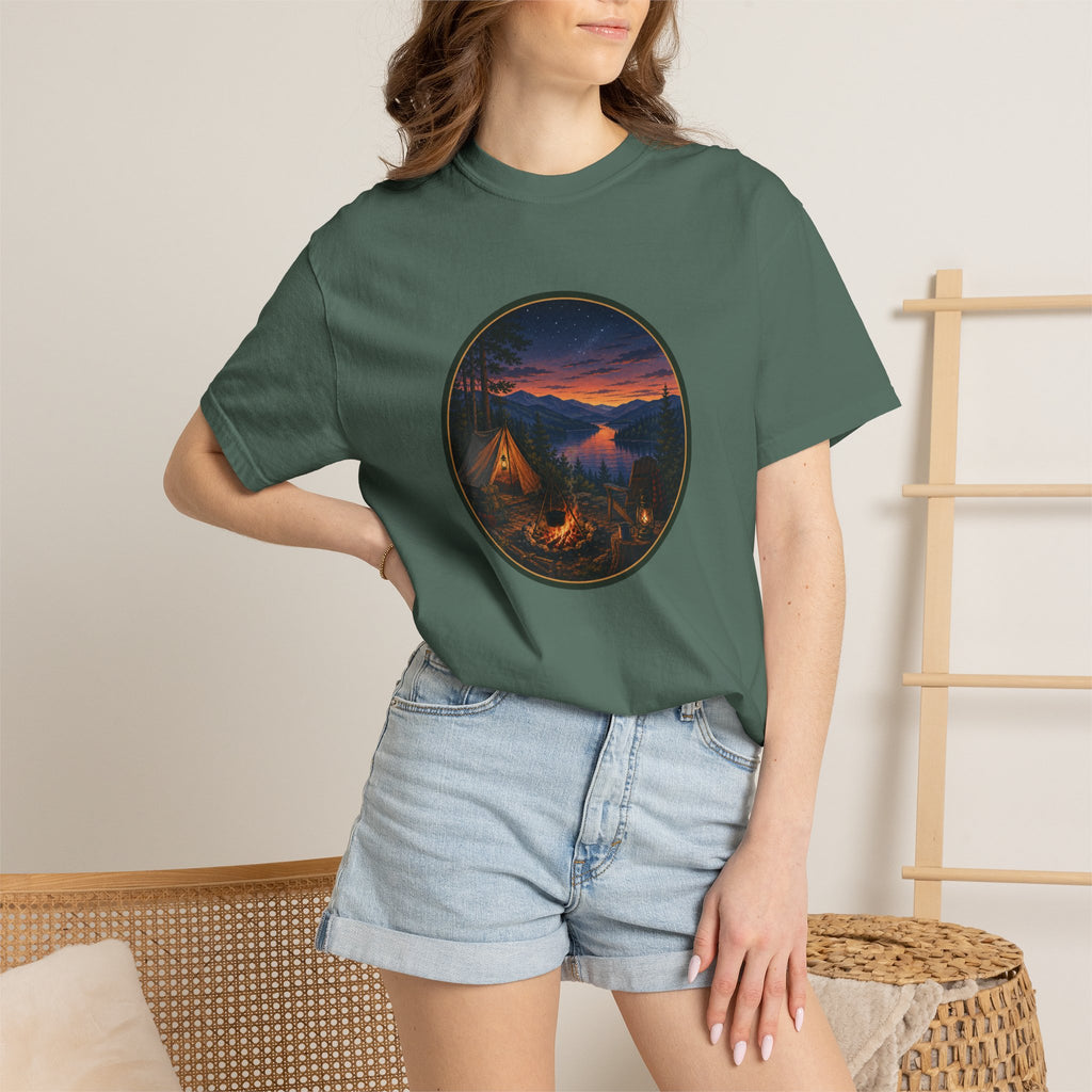 Camping Sunset T-Shirt — Riverside Campfire Night Scene