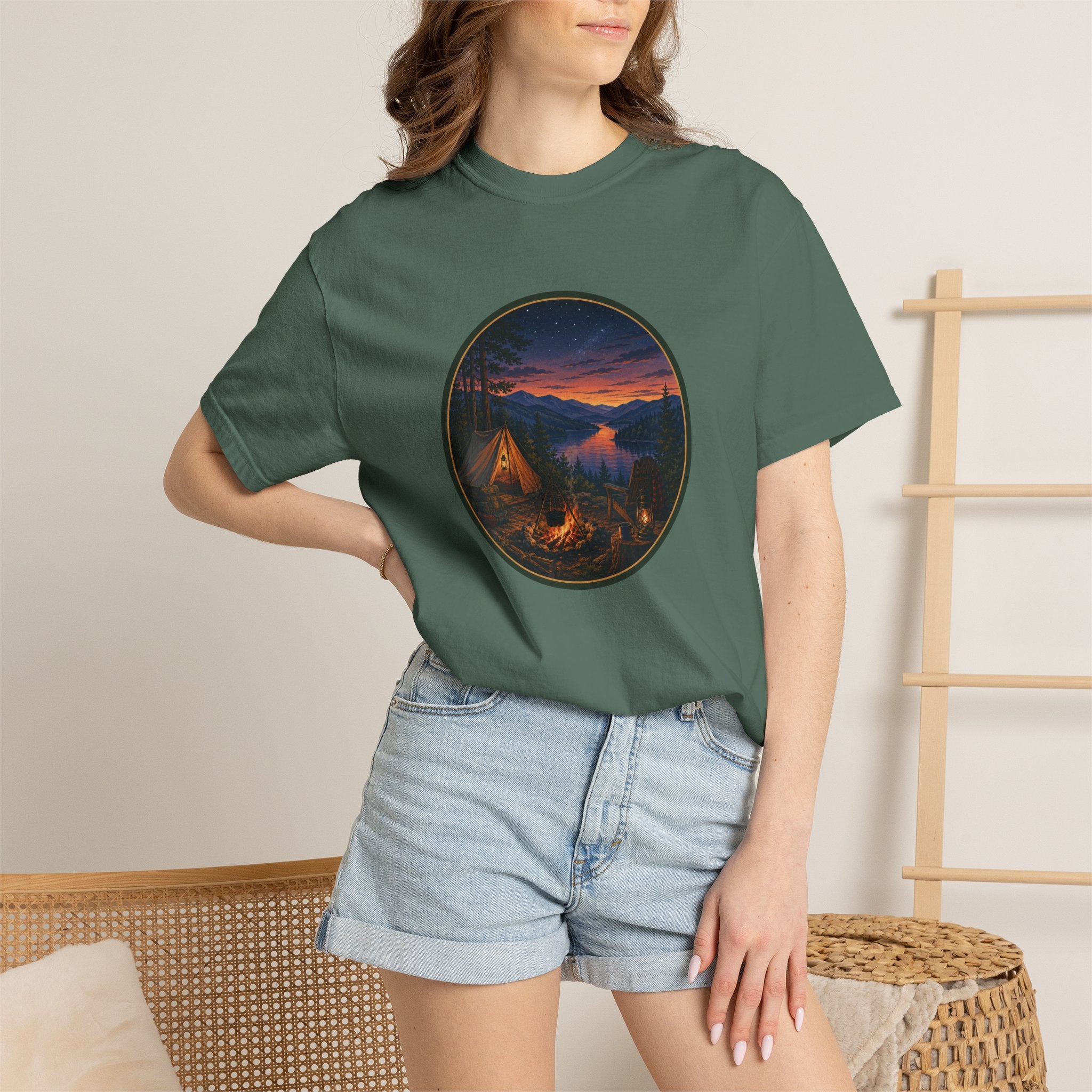 Camping Sunset T-Shirt — Riverside Campfire Night Scene