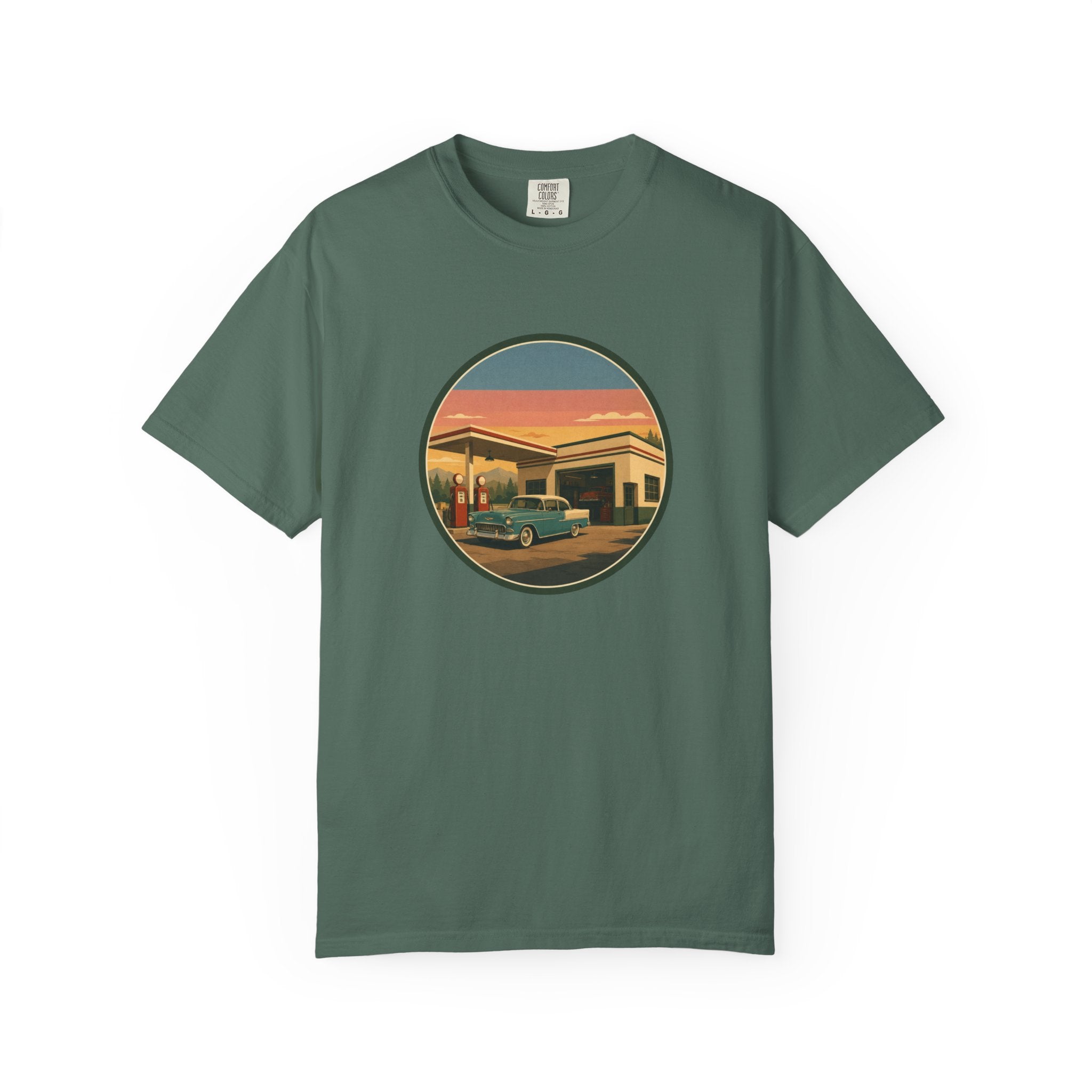 Retro Gas Station T-Shirt — Vintage Sunset Roadside Design