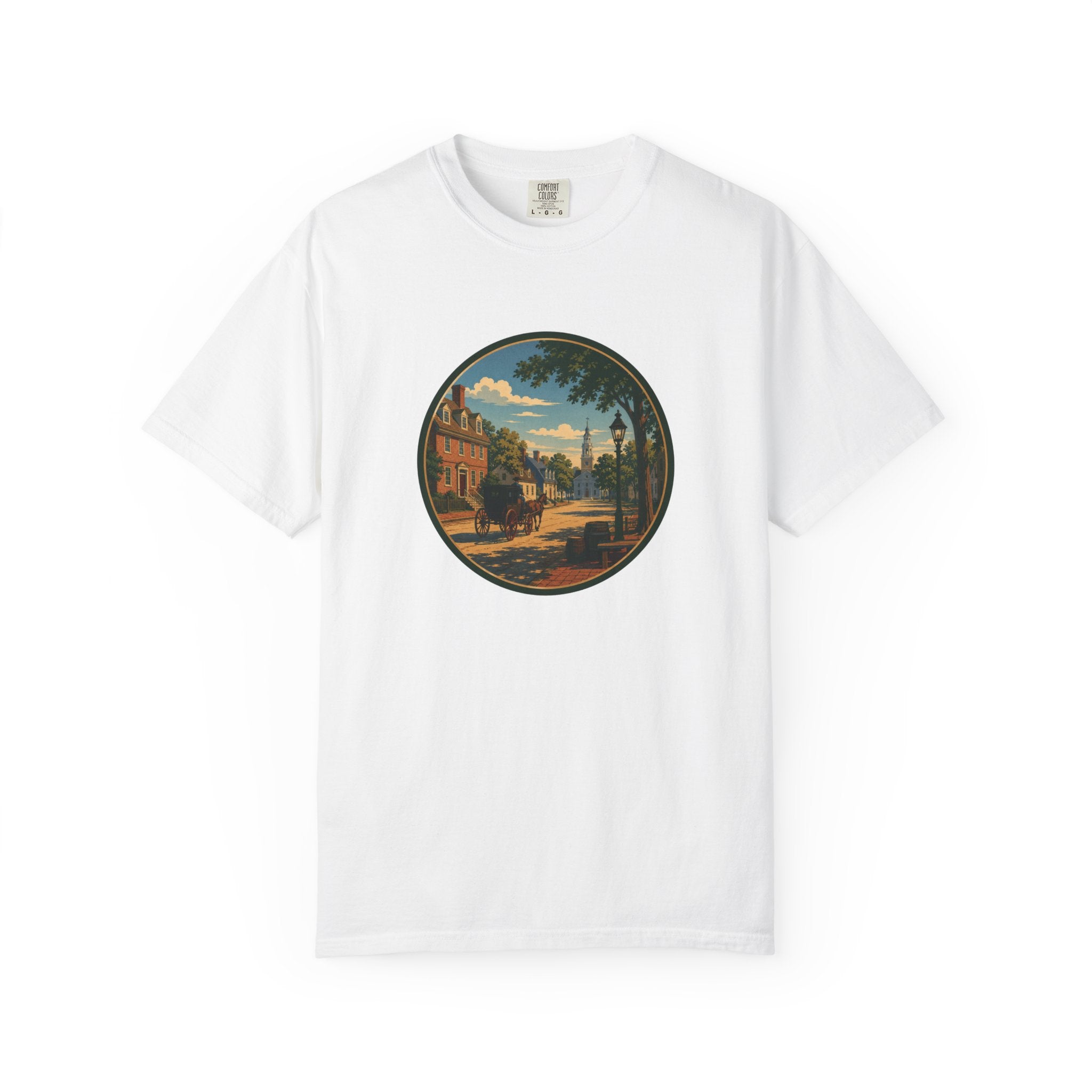 Colonial Carriage Ride T-Shirt — Retro Scenic Circle Print