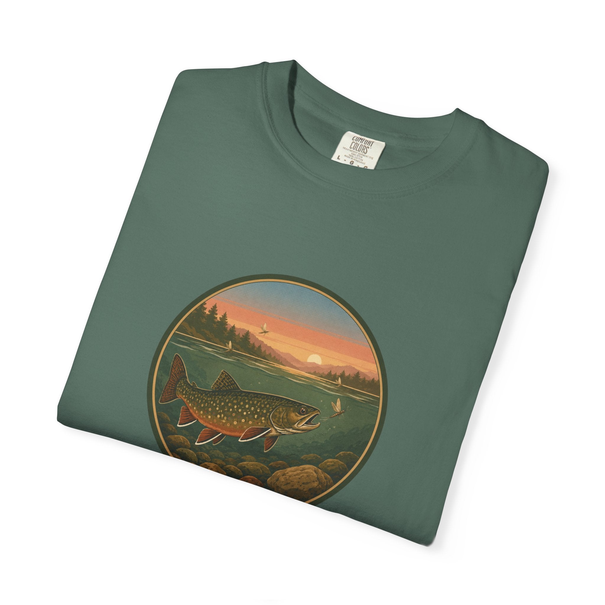 Brook Trout Sunset Fishing T-Shirt — Vintage River Scene Tee