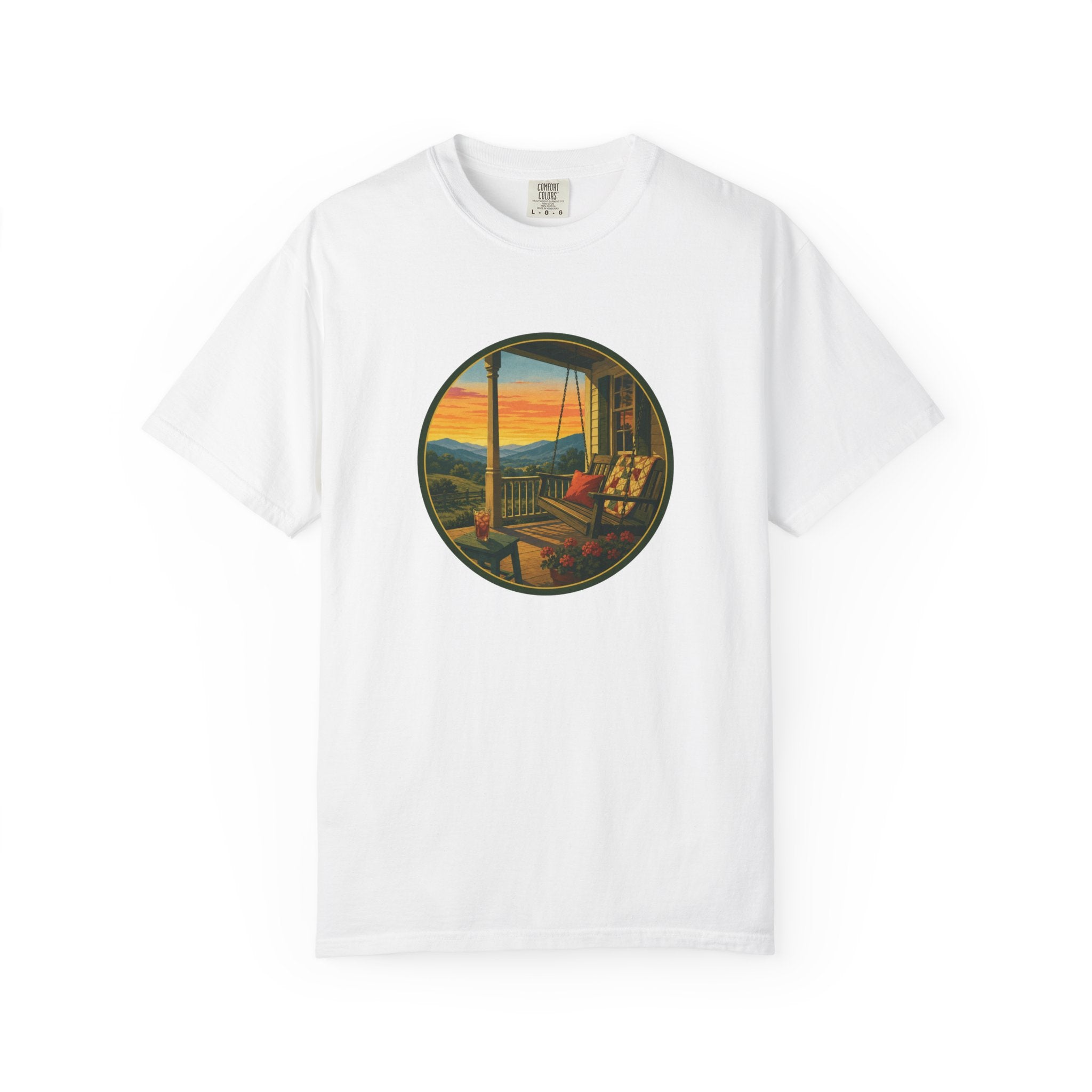 Sunset Porch Circle T-Shirt — Scenic Porch Swing Graphic Tee