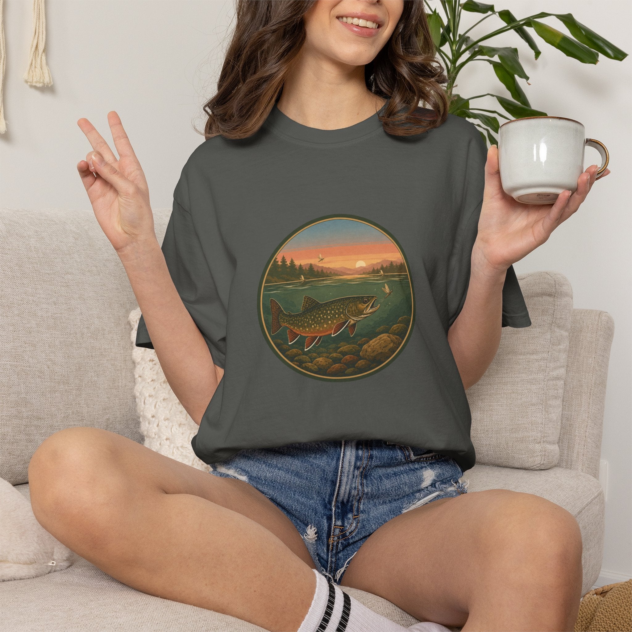 Brook Trout Sunset Fishing T-Shirt — Vintage River Scene Tee
