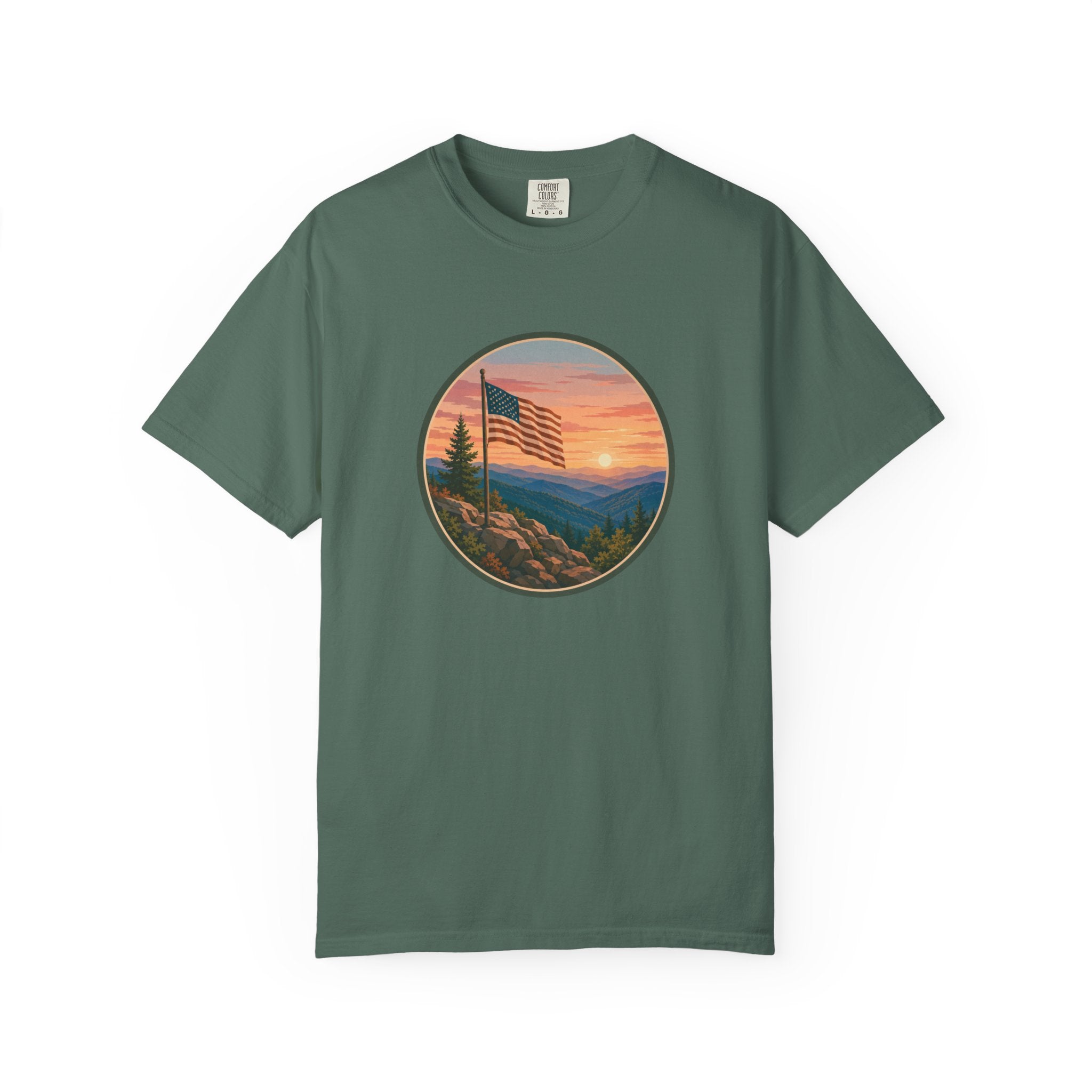 Flag Over Blue Ridge Mountains T-Shirt — Scenic Sunset American Flag Graphic Tee