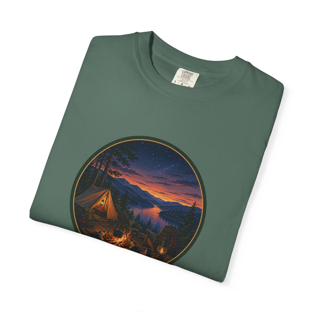 Camping Sunset T-Shirt — Riverside Campfire Night Scene