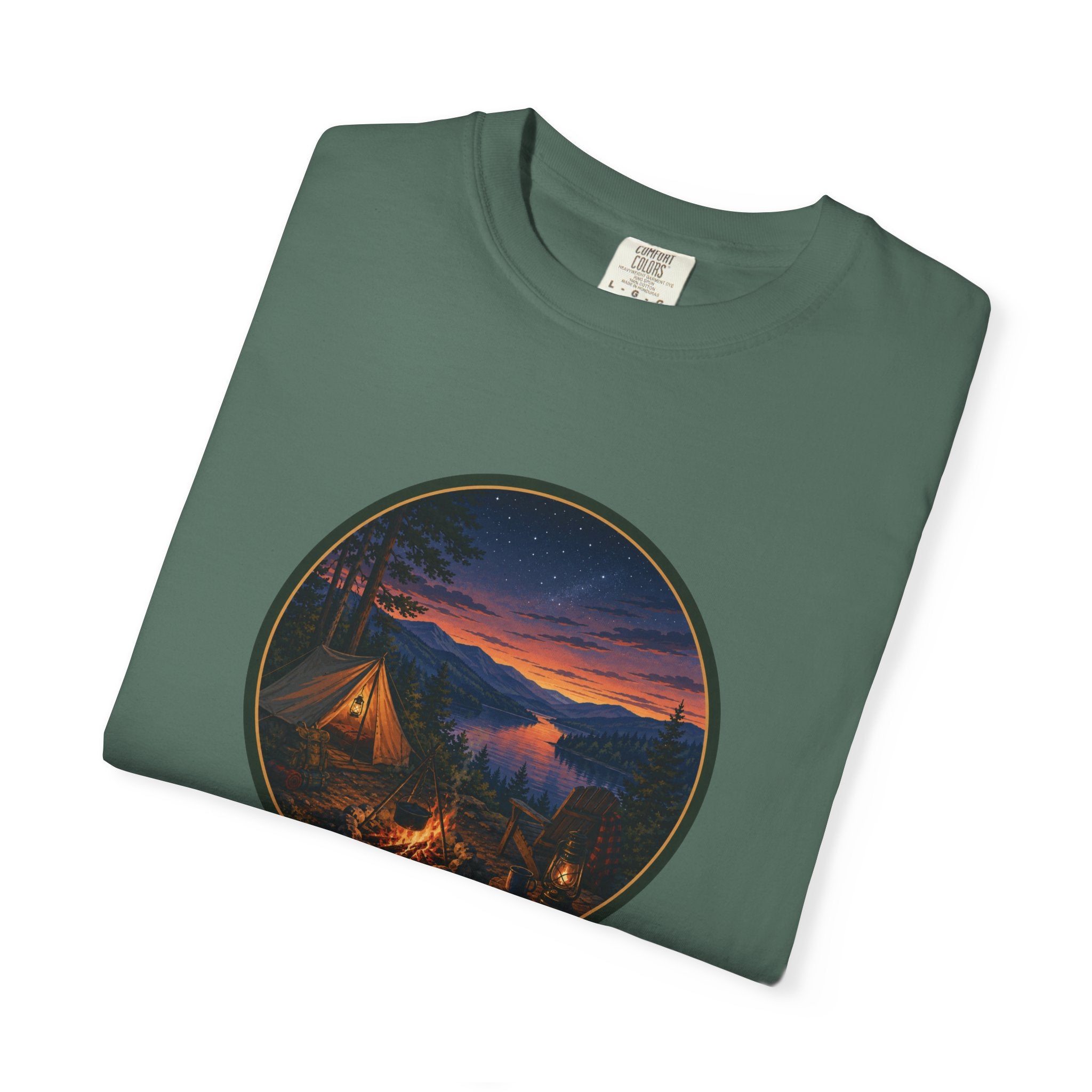 Camping Sunset T-Shirt — Riverside Campfire Night Scene