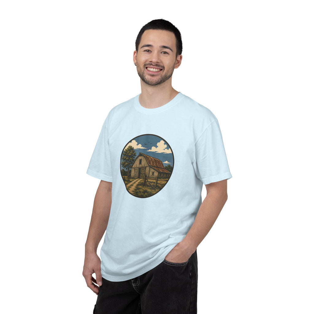 Barn Scene T-Shirt — Rustic Farmhouse Circle Graphic Tee