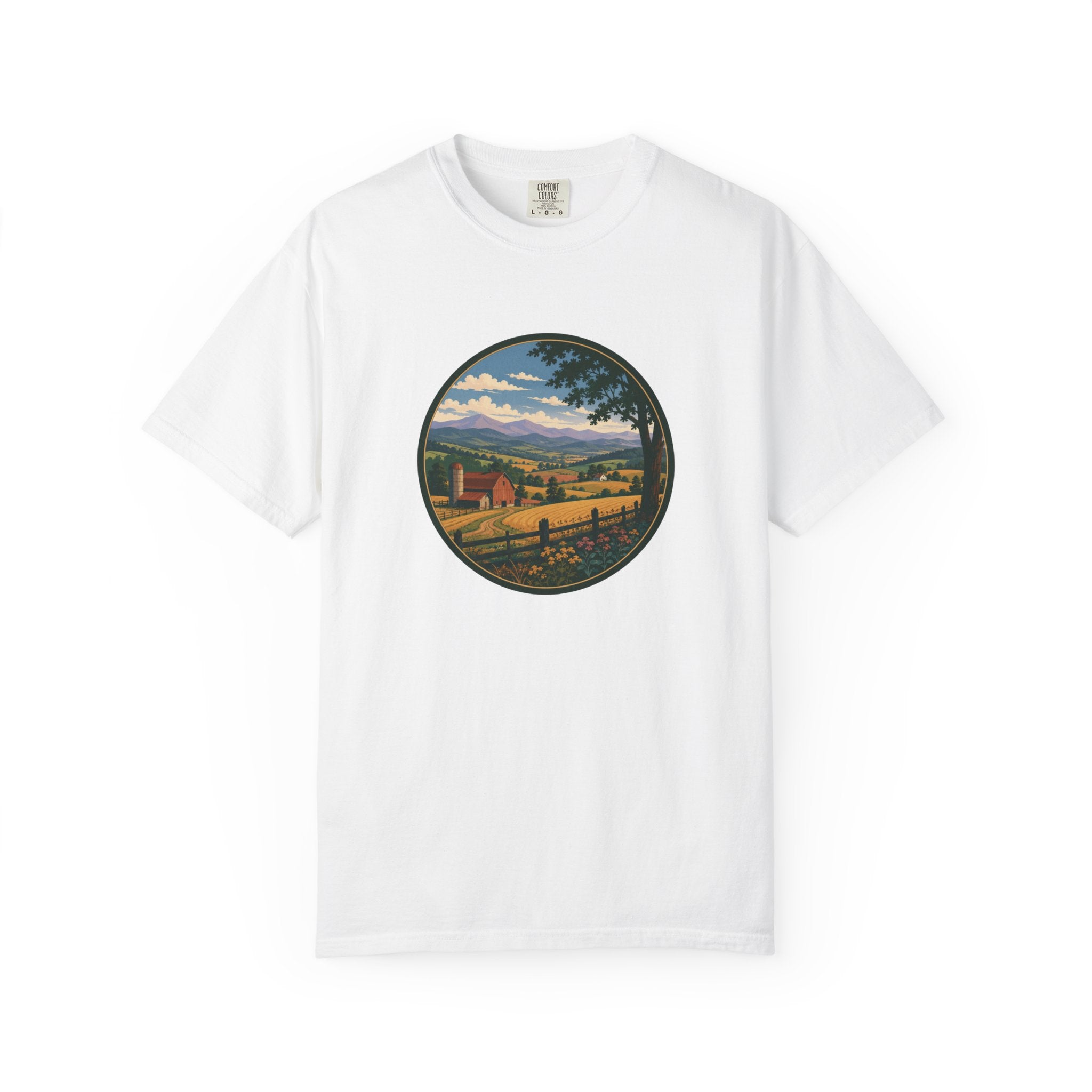 Scenic Countryside T-Shirt — Vintage Farm Landscape Graphic