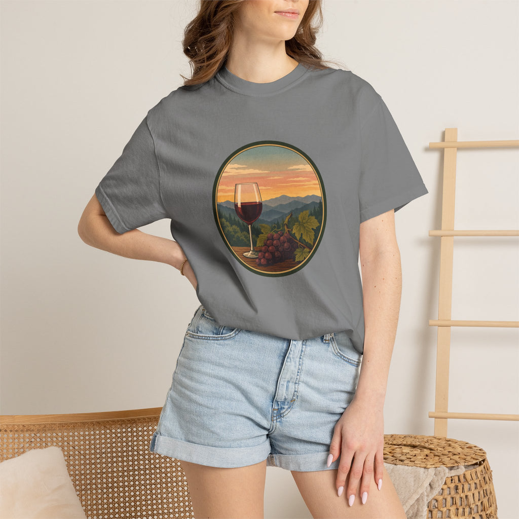 Wine Sunset T-Shirt — Vineyard Glass & Grapes Scenic Tee