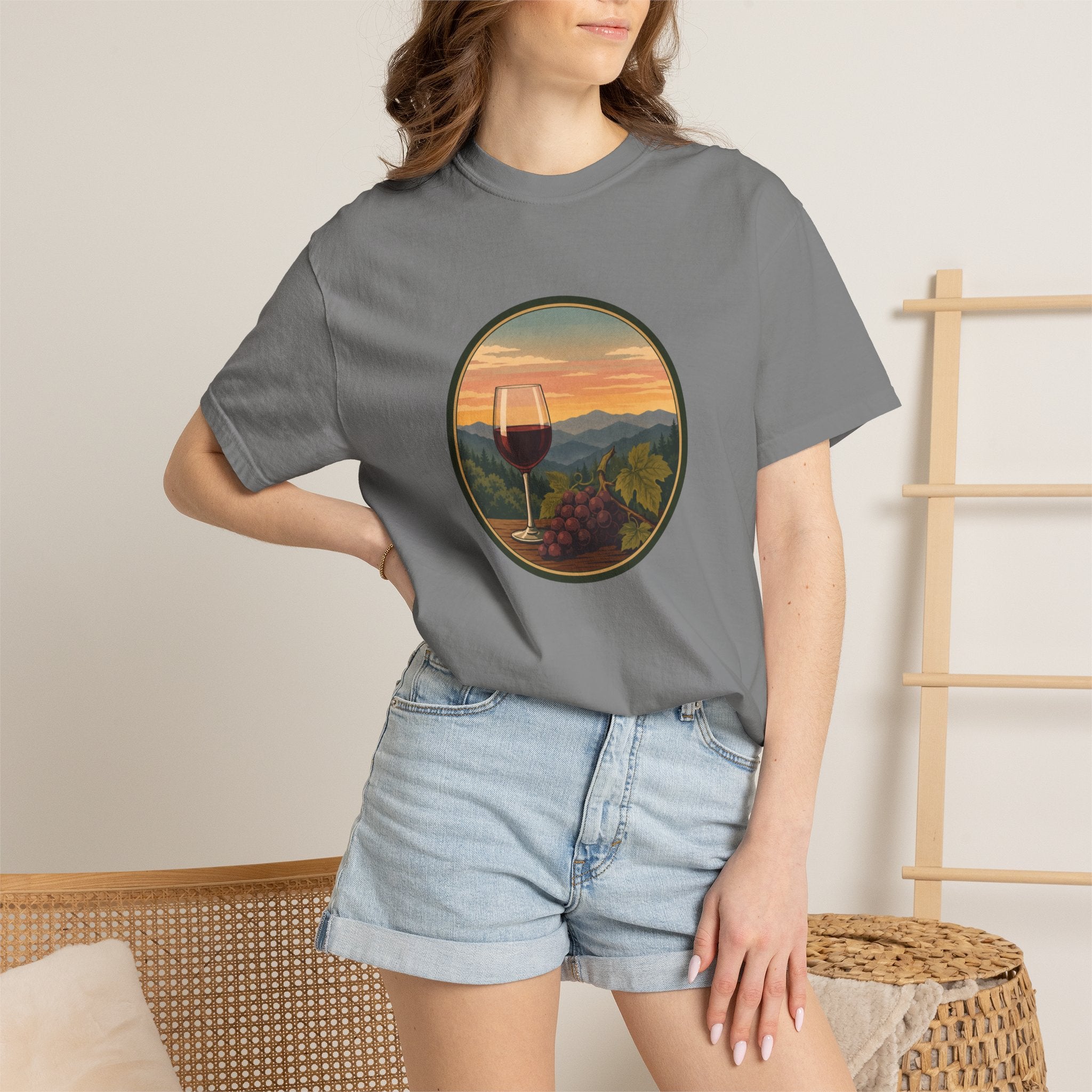 Wine Sunset T-Shirt — Vineyard Glass & Grapes Scenic Tee