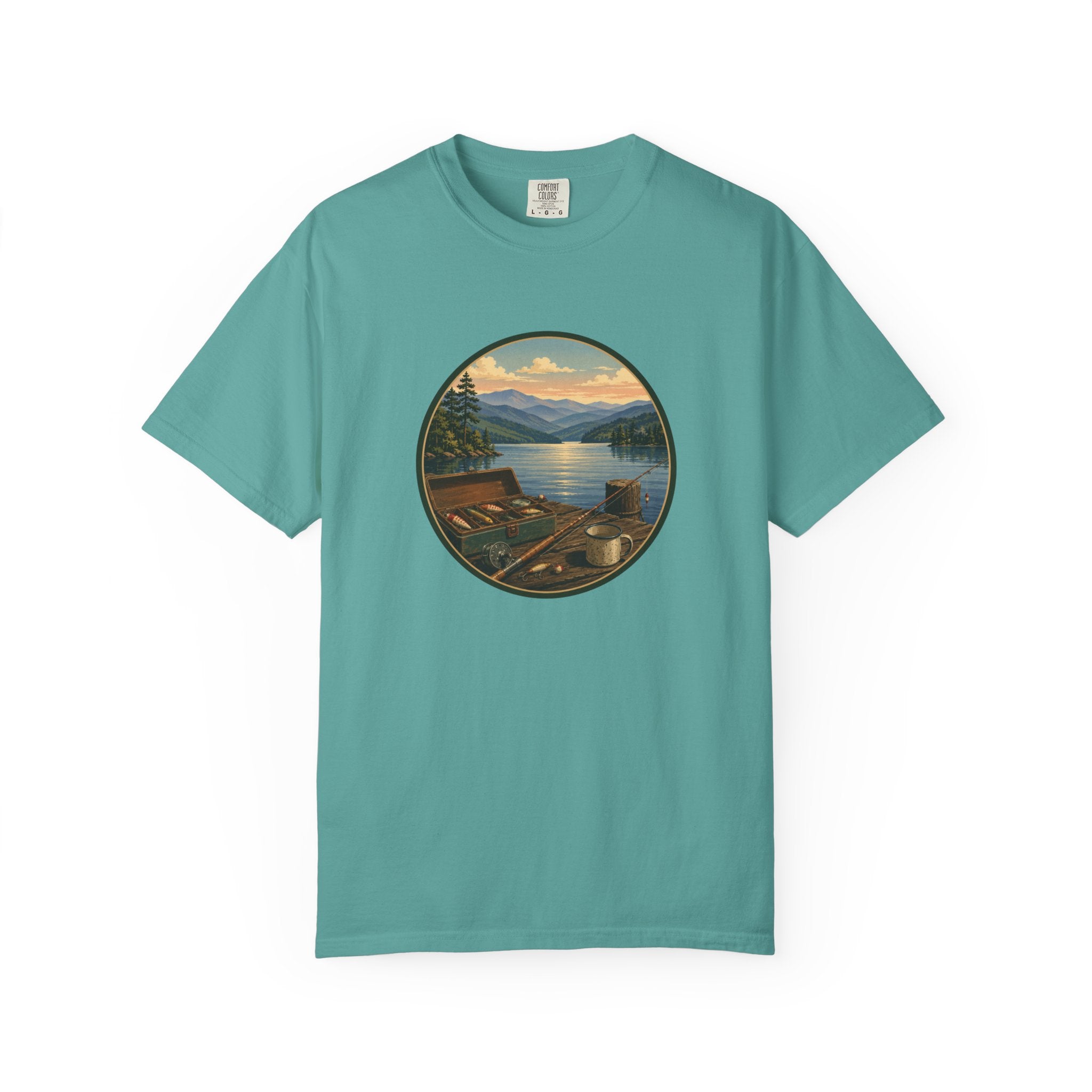 Vintage Fishing Tackle T-Shirt — Mountain View Dock Scene Tee