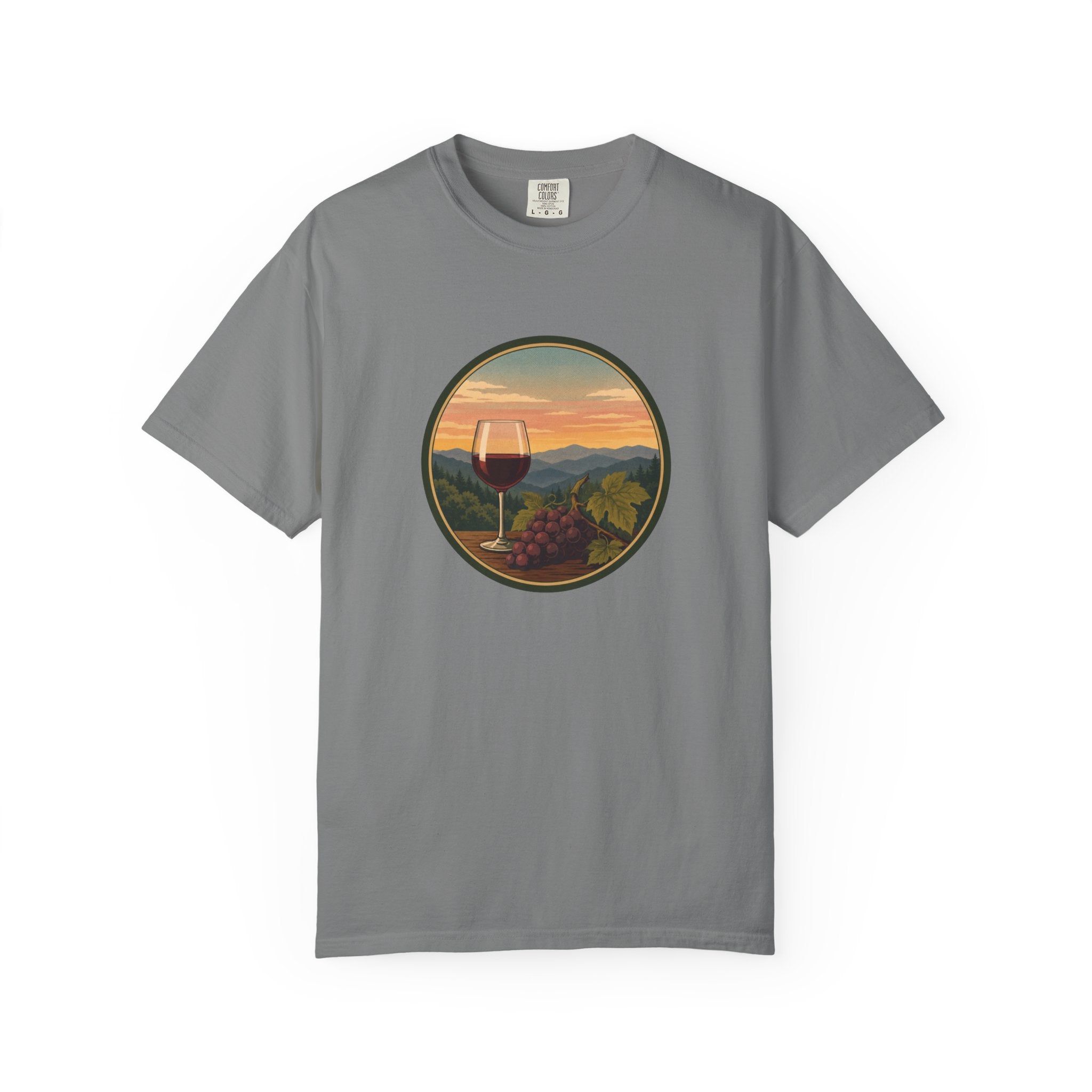 Wine Sunset T-Shirt — Vineyard Glass & Grapes Scenic Tee