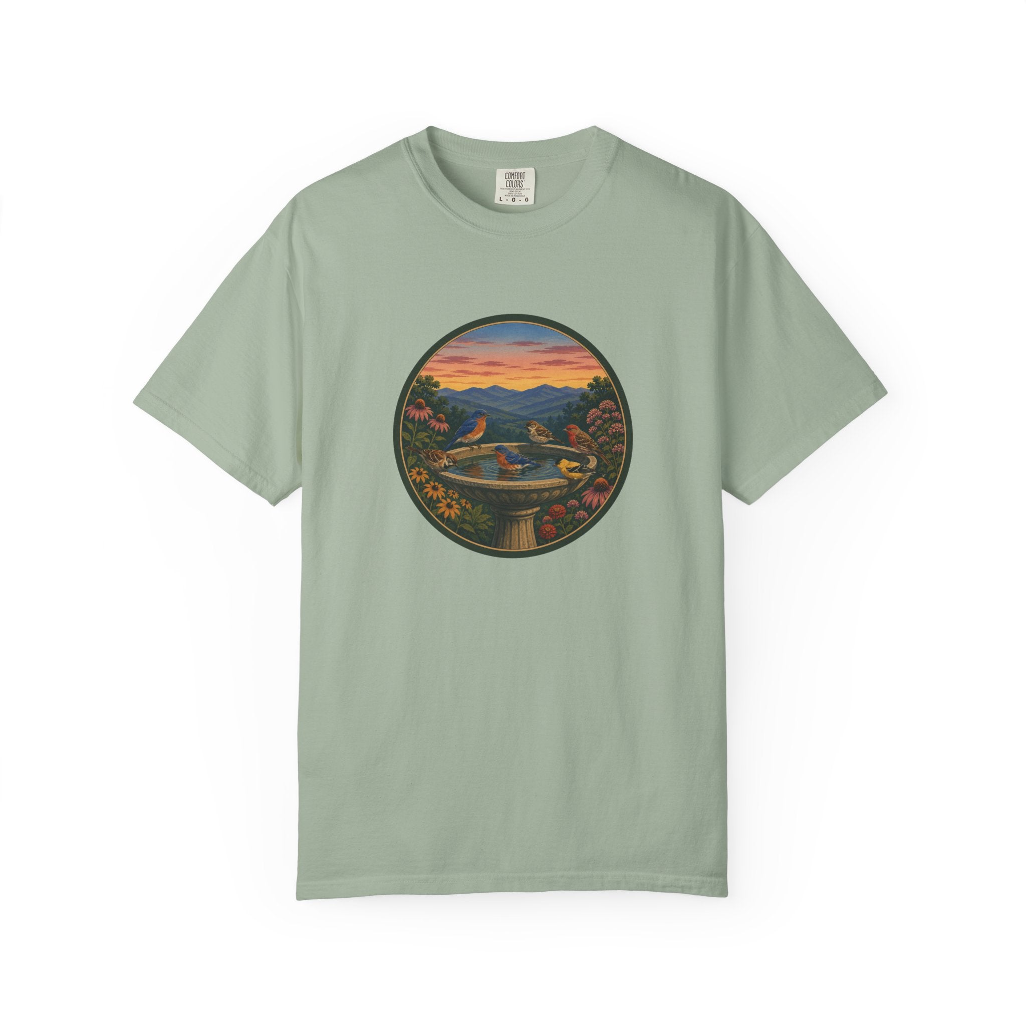 Sunset Garden Tee — Vintage Birdbath Landscape T-Shirt