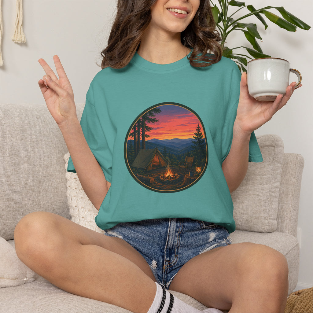 Camping Sunset T-Shirt — Vintage Campfire Scene Tee