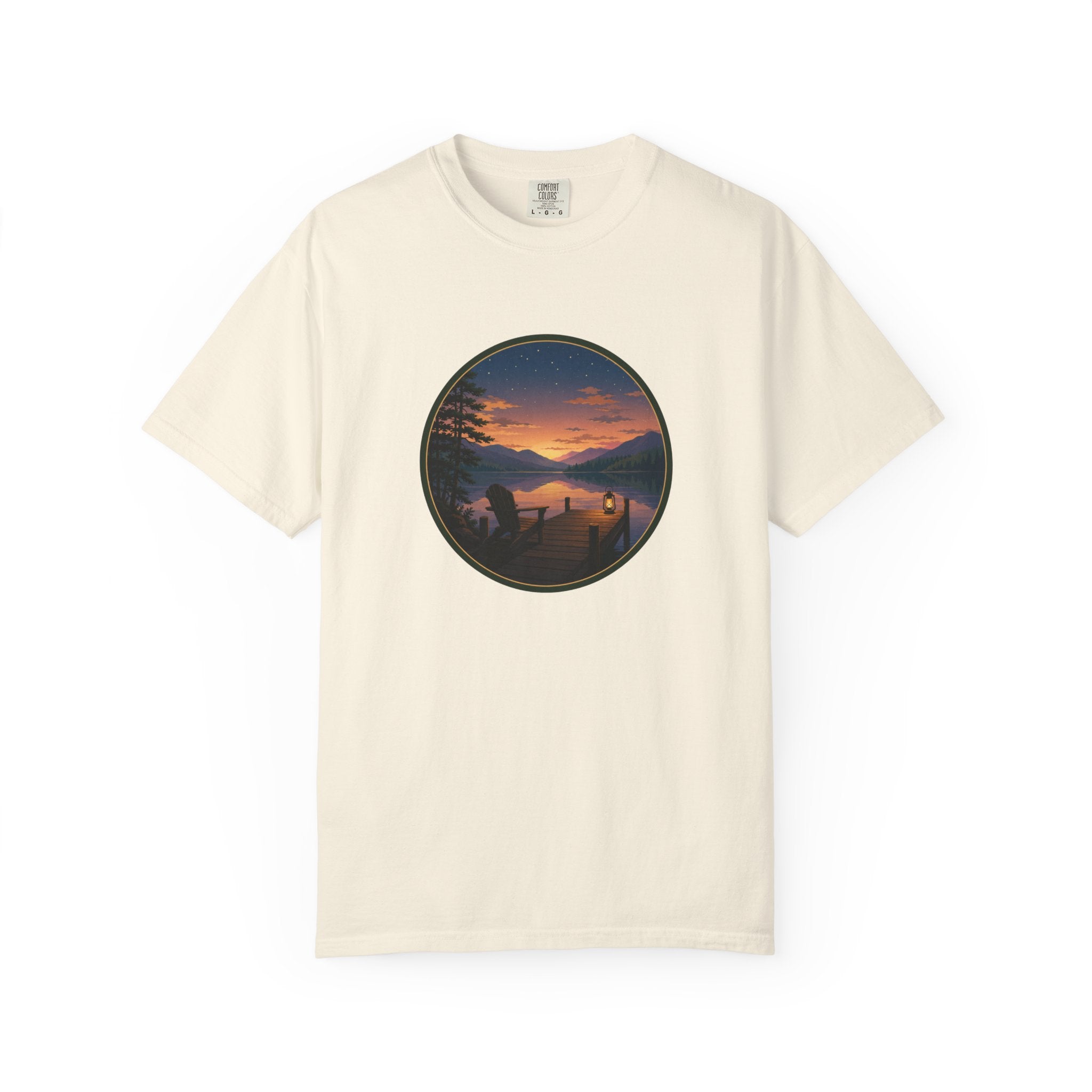 Sunset Lake Camping T-Shirt — Scenic Mountain Lantern Graphic