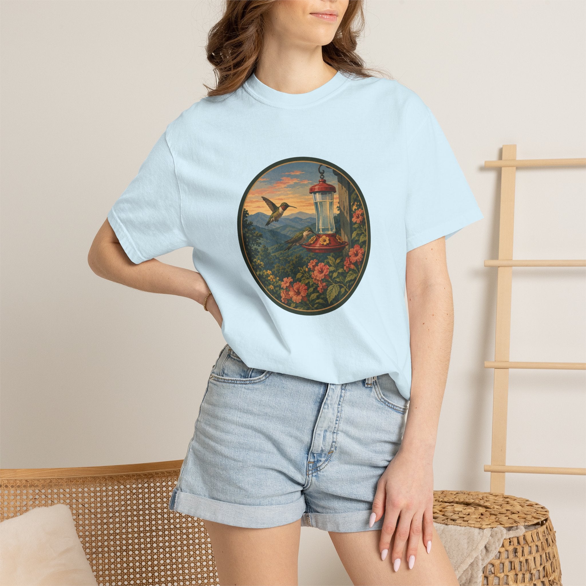 Hummingbird Sunset T-Shirt — Vintage Floral Graphic Tee