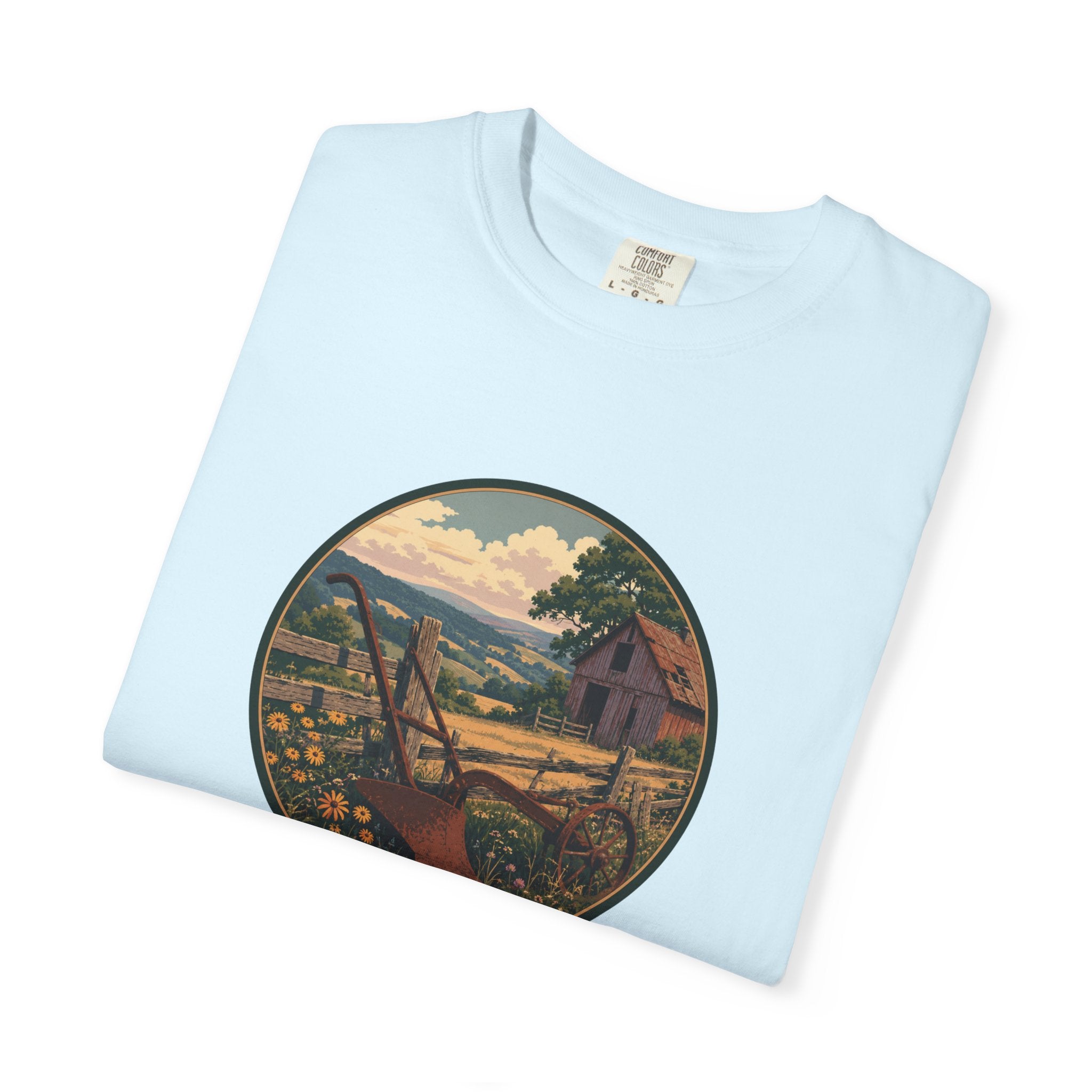 Vintage Countryside T-Shirt — Scenic Farm Landscape Graphic