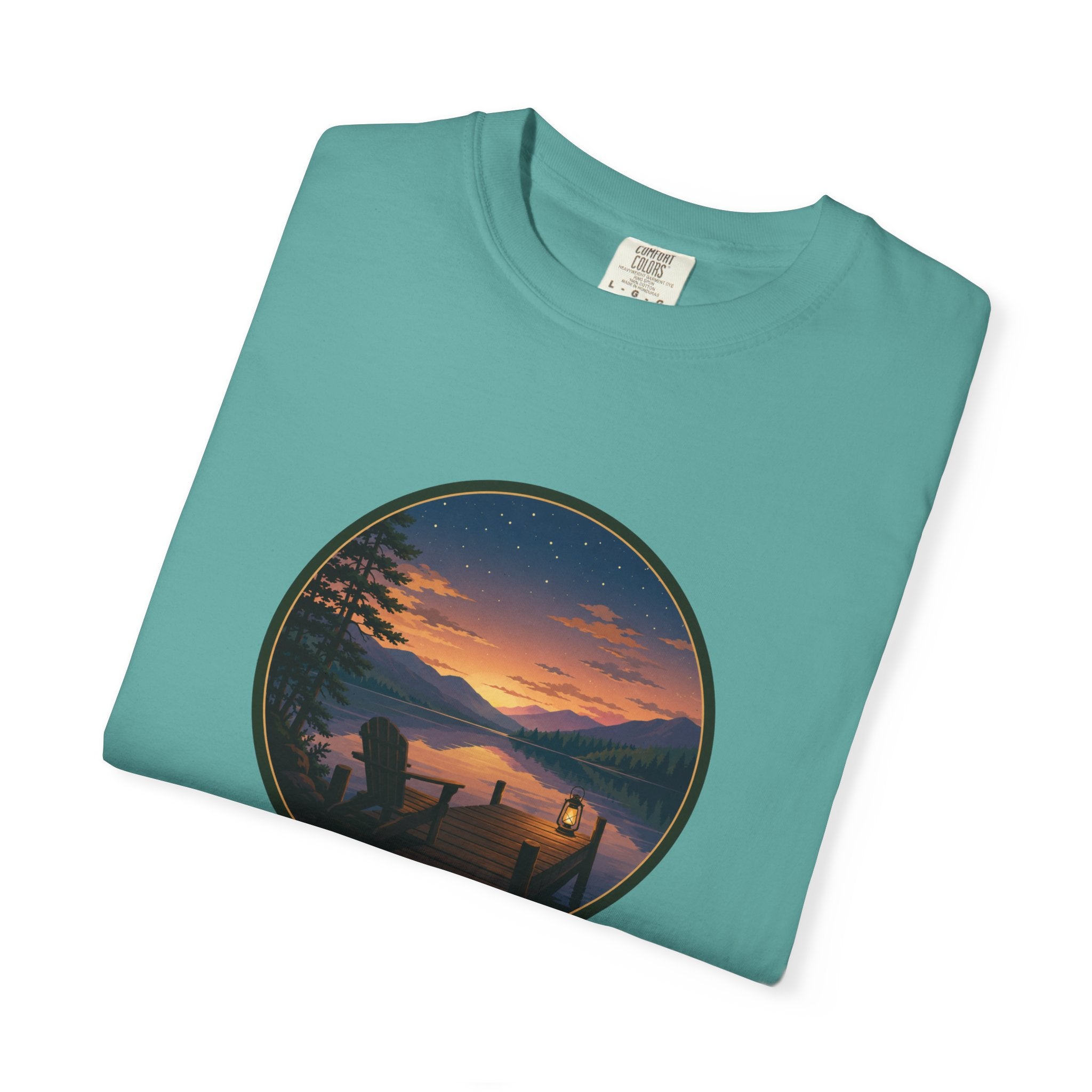 Sunset Lake Camping T-Shirt — Scenic Mountain Lantern Graphic