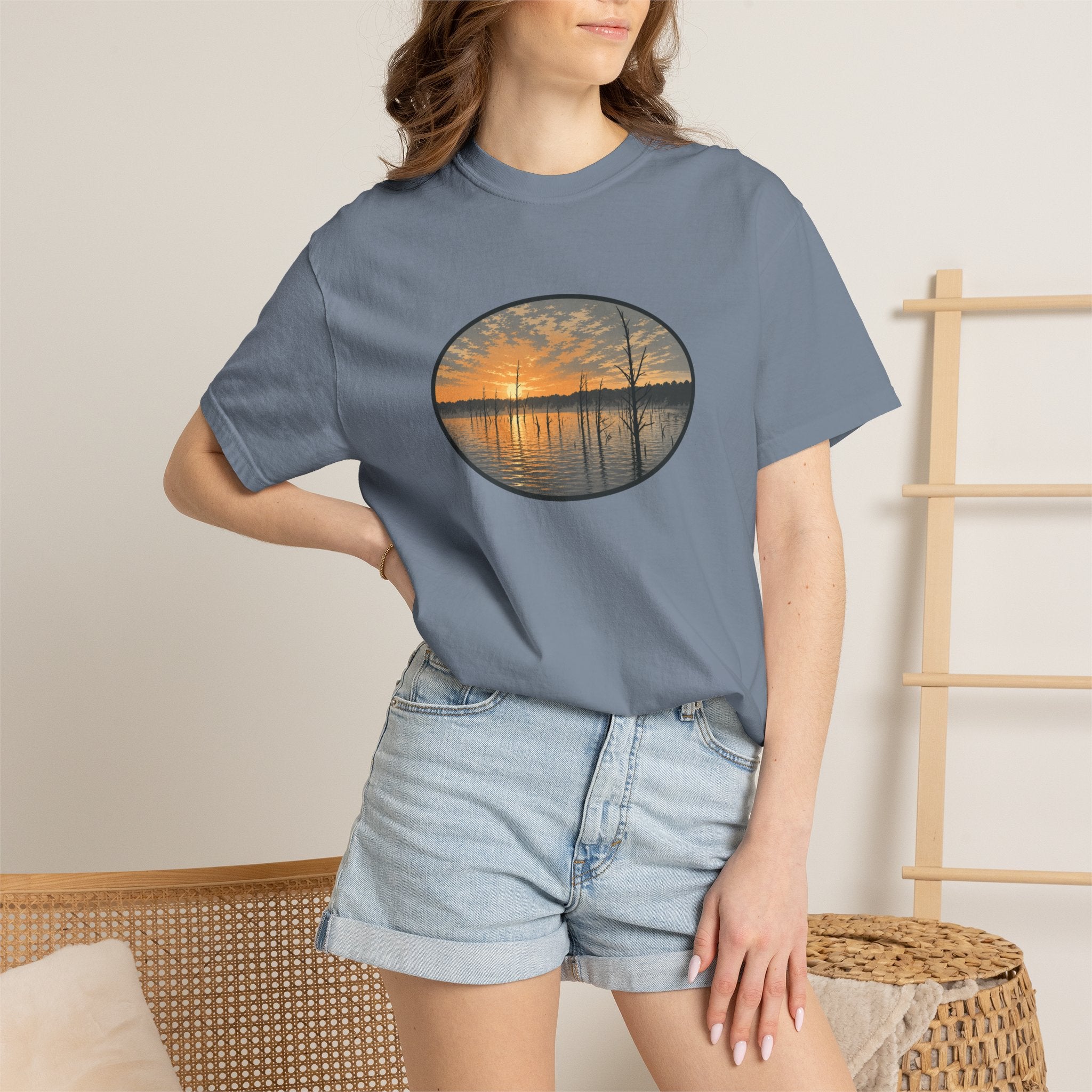 Sunrise Wooded Lake Oval T-Shirt