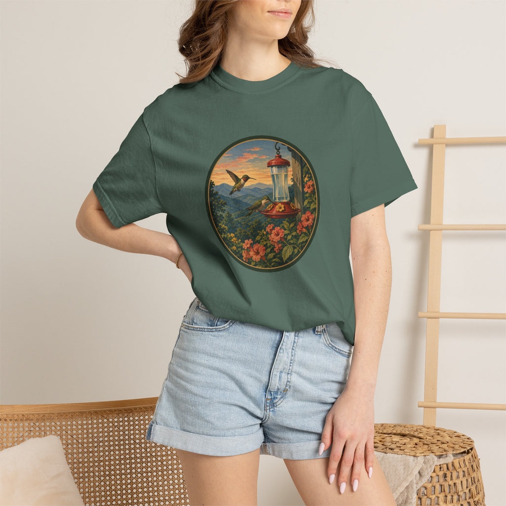 Hummingbird Sunset T-Shirt — Vintage Floral Graphic Tee
