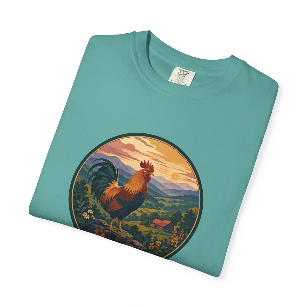 Blue Ridge Rooster Sunrise T-Shirt — Vintage Farm Scene Tee