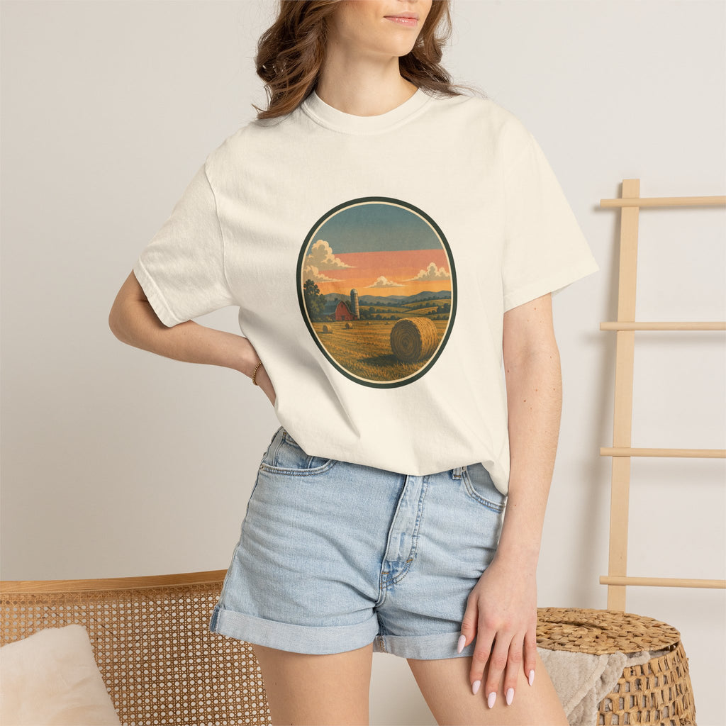 Sunset Hayfield T-Shirt — Vintage Farm Landscape Tee