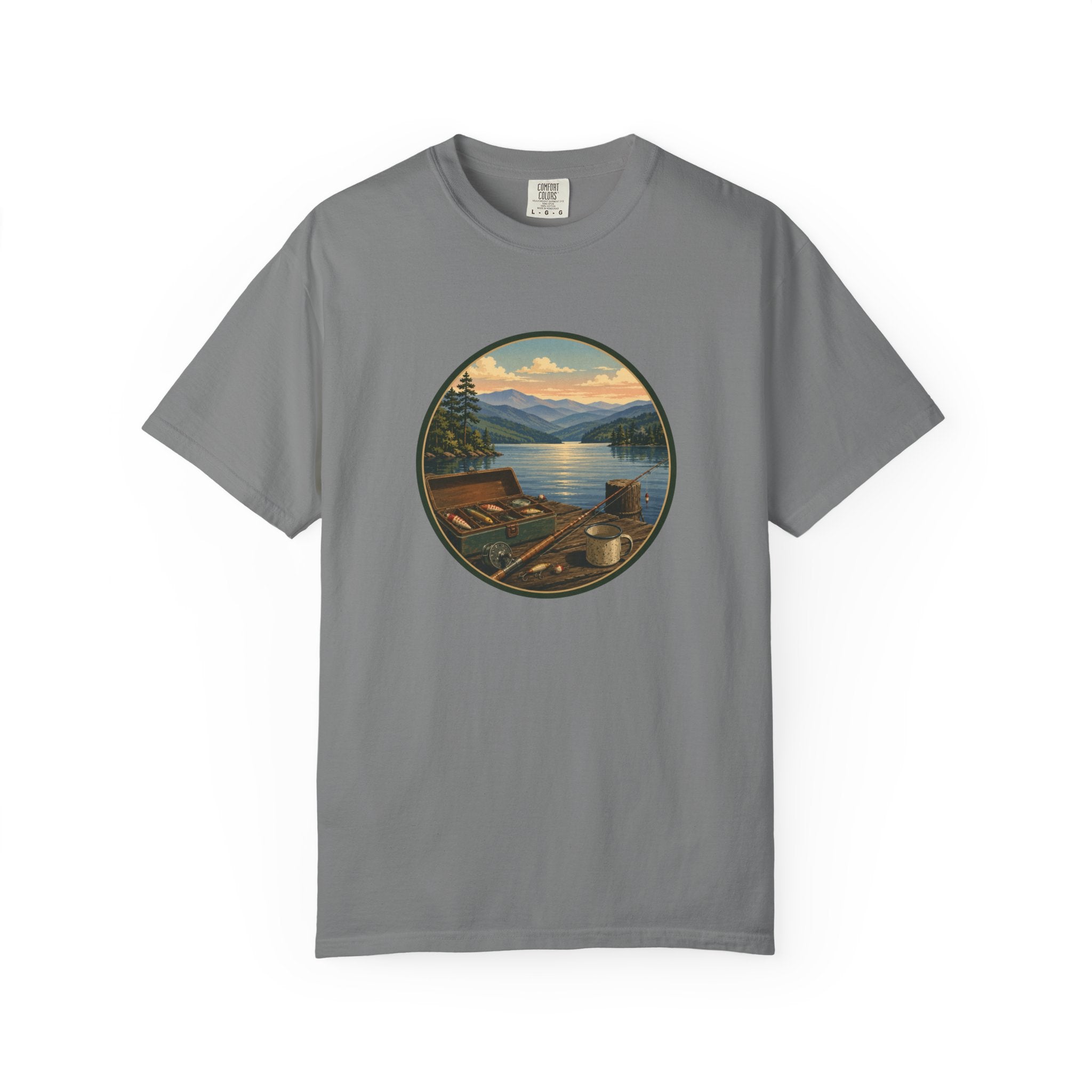 Vintage Fishing Tackle T-Shirt — Mountain View Dock Scene Tee