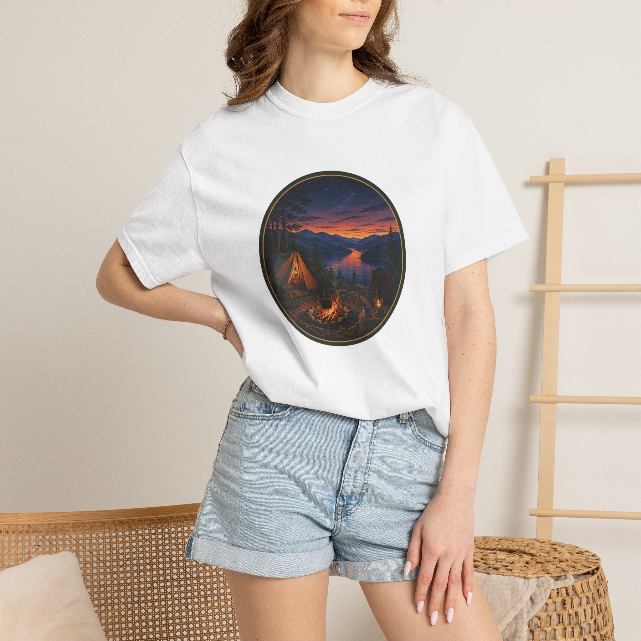 Camping Sunset T-Shirt — Riverside Campfire Night Scene