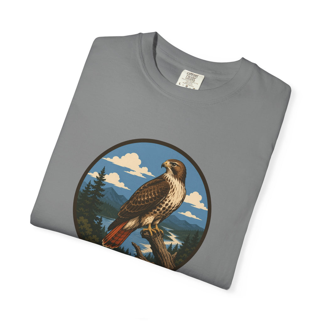 Red-Tail Hawk Mountain Circle T-Shirt — Vintage Hawk Nature Graphic Tee