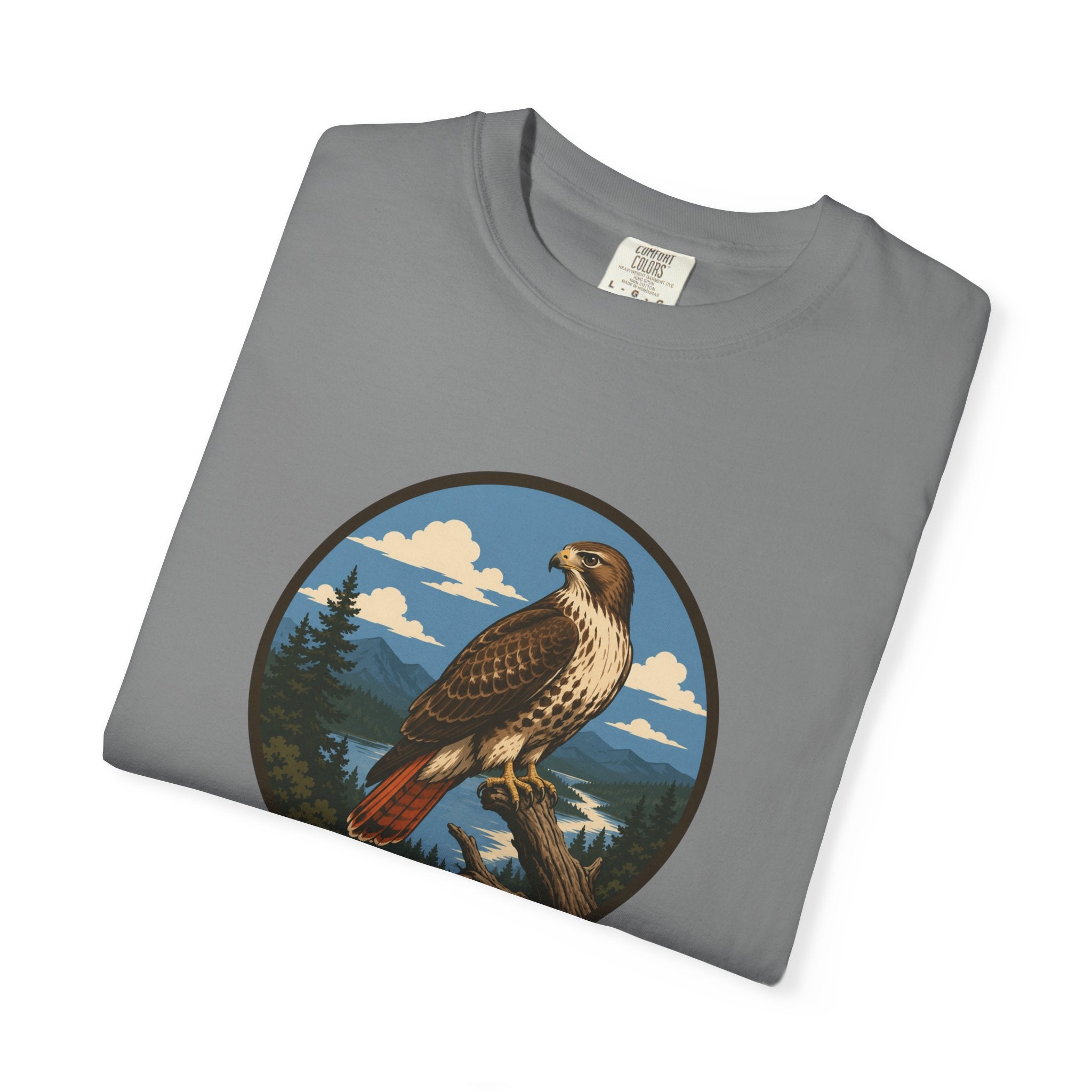 Red-Tail Hawk Mountain Circle T-Shirt — Vintage Hawk Nature Graphic Tee