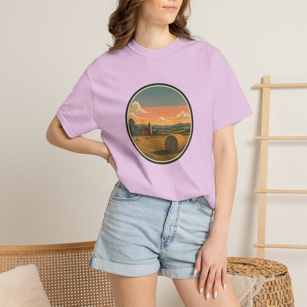 Sunset Hayfield T-Shirt — Vintage Farm Landscape Tee