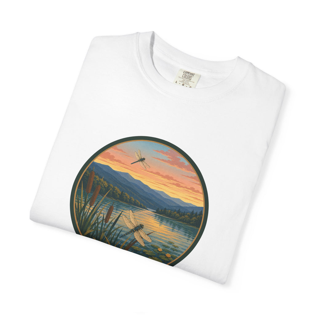 Dragonfly Sunset Lake Scene T-Shirt — Scenic Mountain Nature Tee