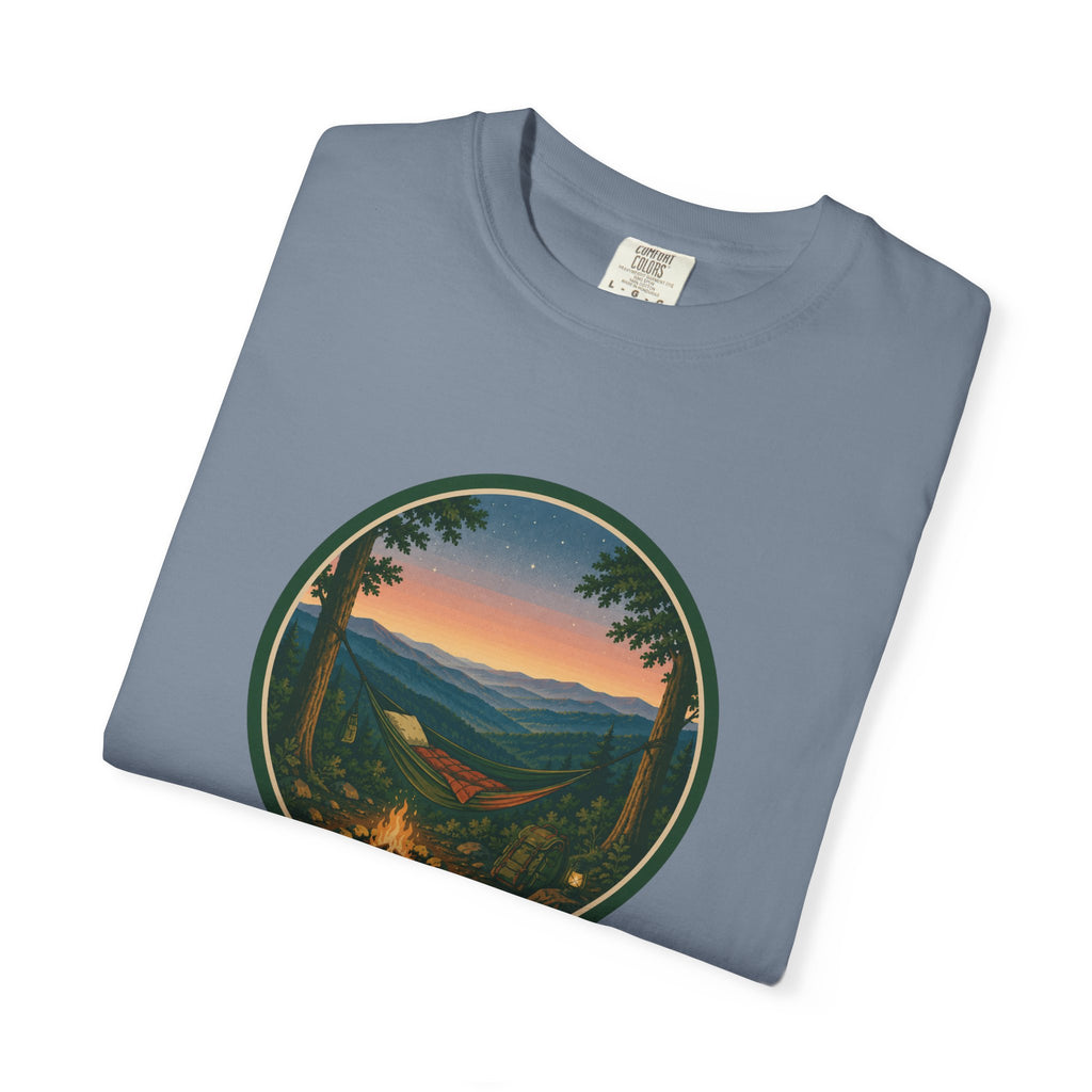 Campfire Mountain Sunset T-Shirt — Scenic Hiking Adventure Tee