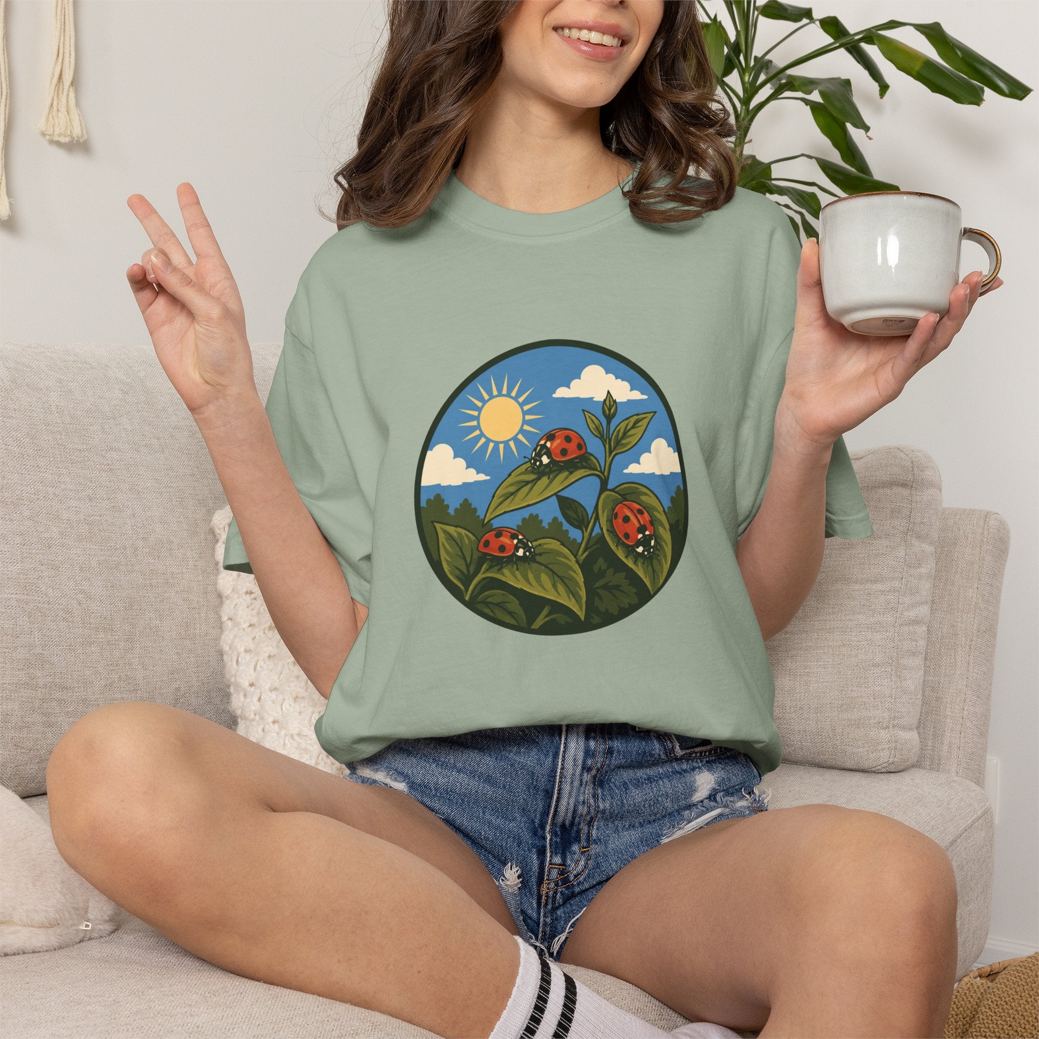 Ladybug Garden T-Shirt — Floral Nature Graphic Tee