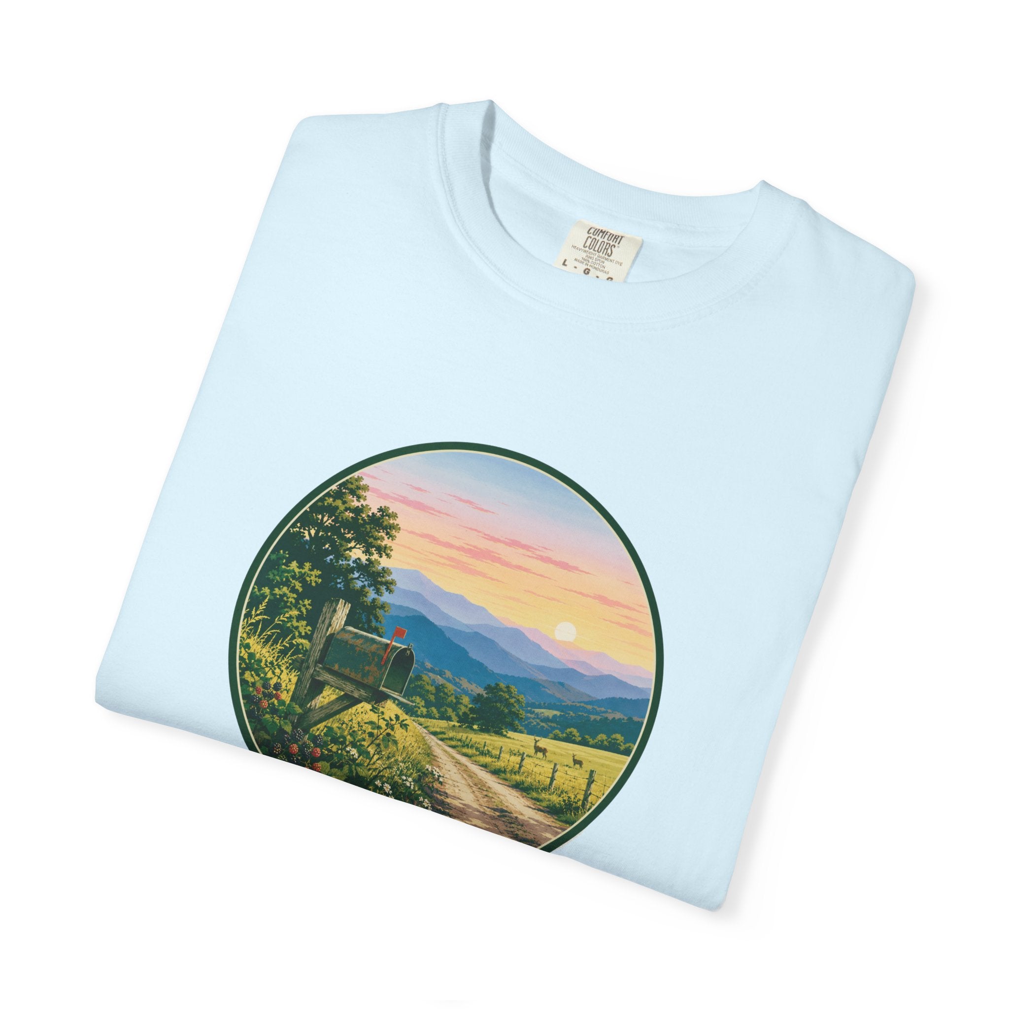 Scenic Backroad Sunset T-Shirt — Vintage Mailbox Circle Landscape Tee