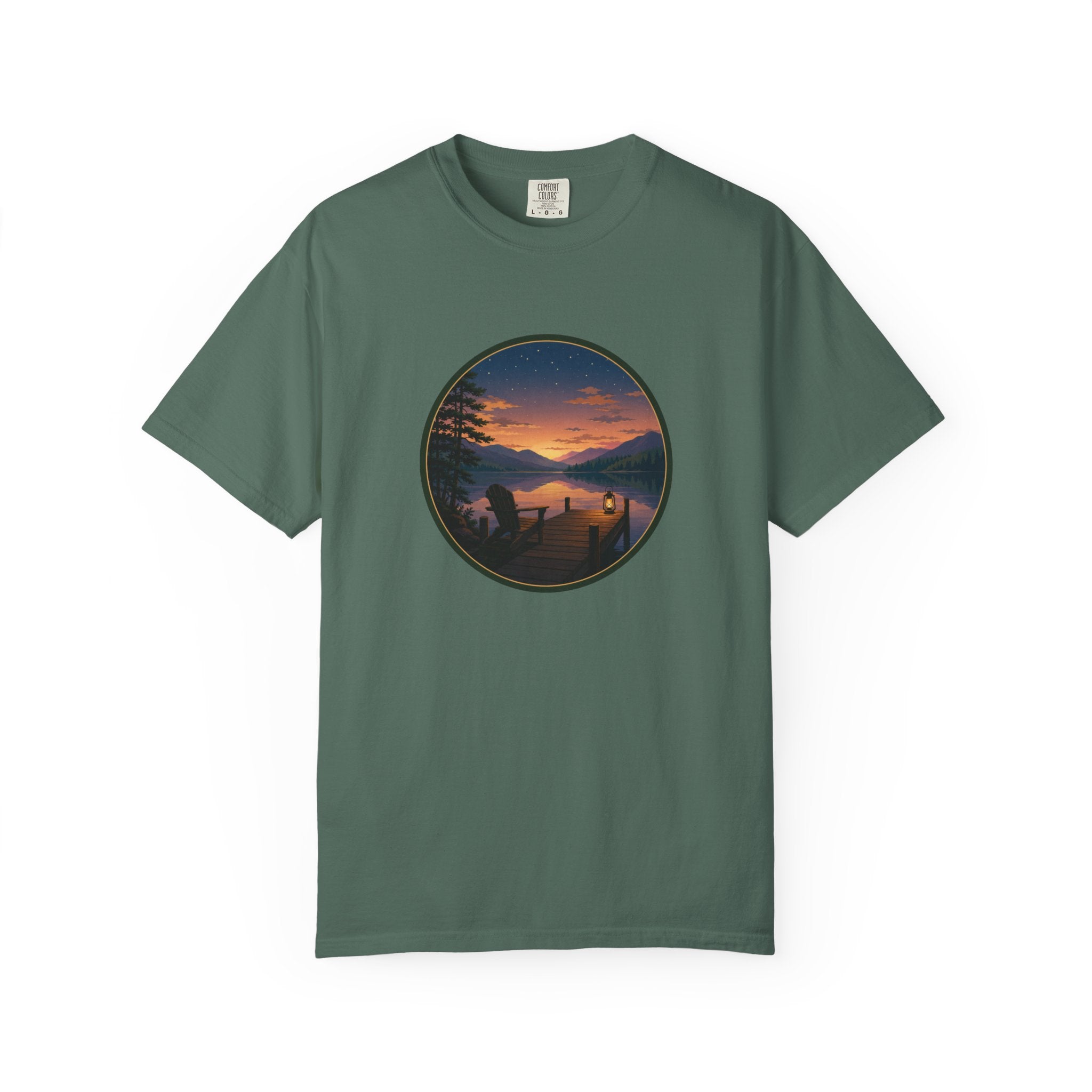 Sunset Lake Camping T-Shirt — Scenic Mountain Lantern Graphic