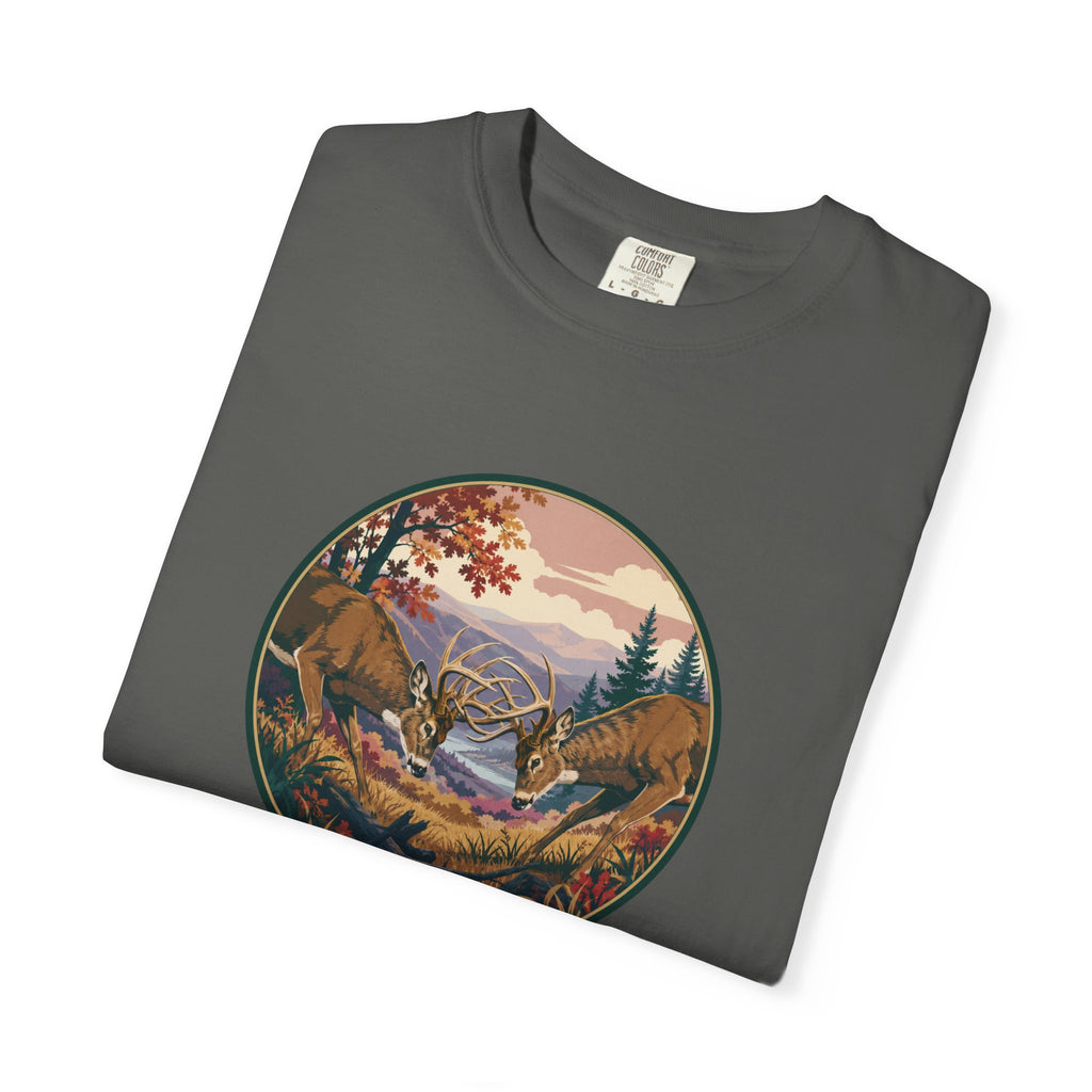Scenic Wilderness Circle T-Shirt — Mountain Camping & Deer Nature Graphic