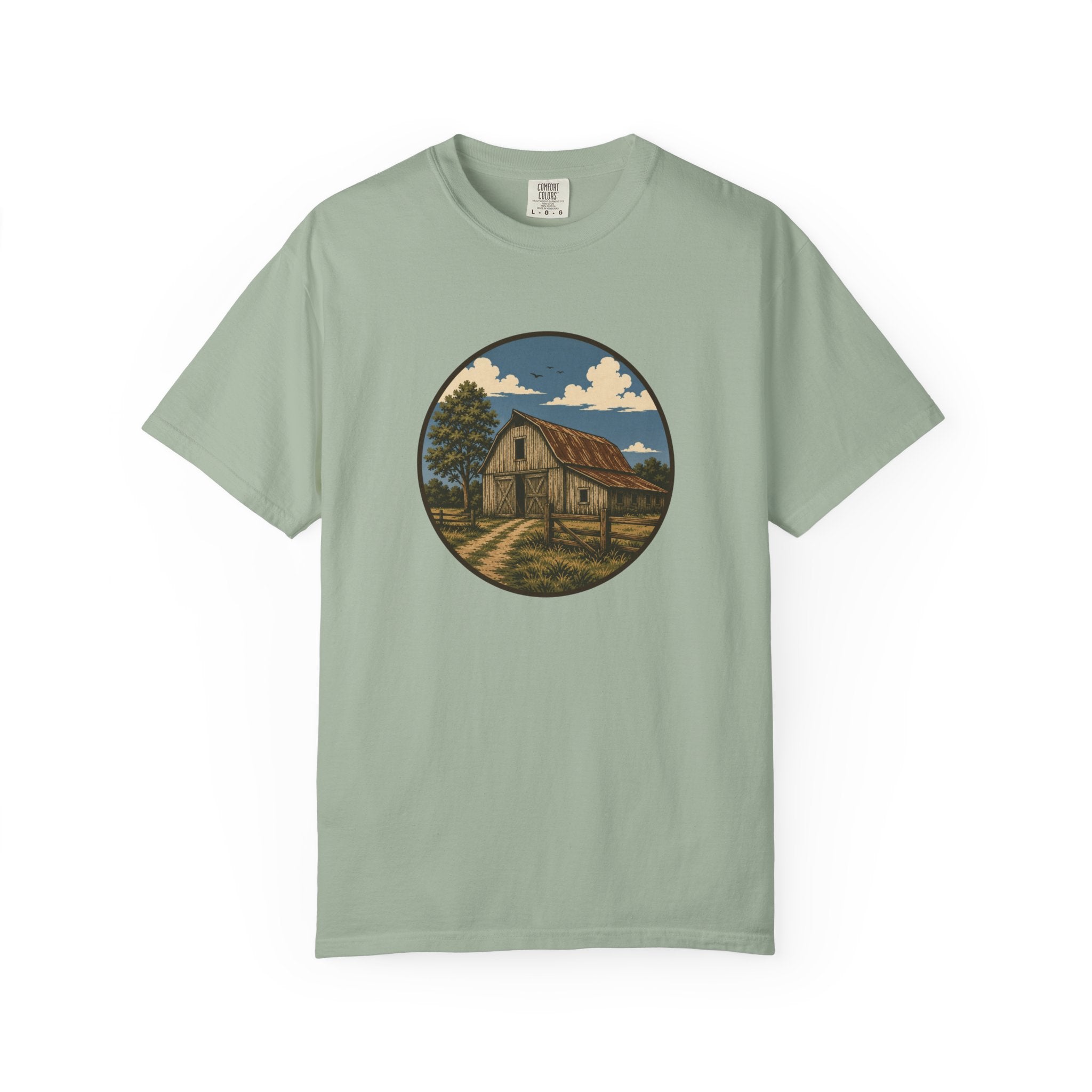 Barn Scene T-Shirt — Rustic Farmhouse Circle Graphic Tee