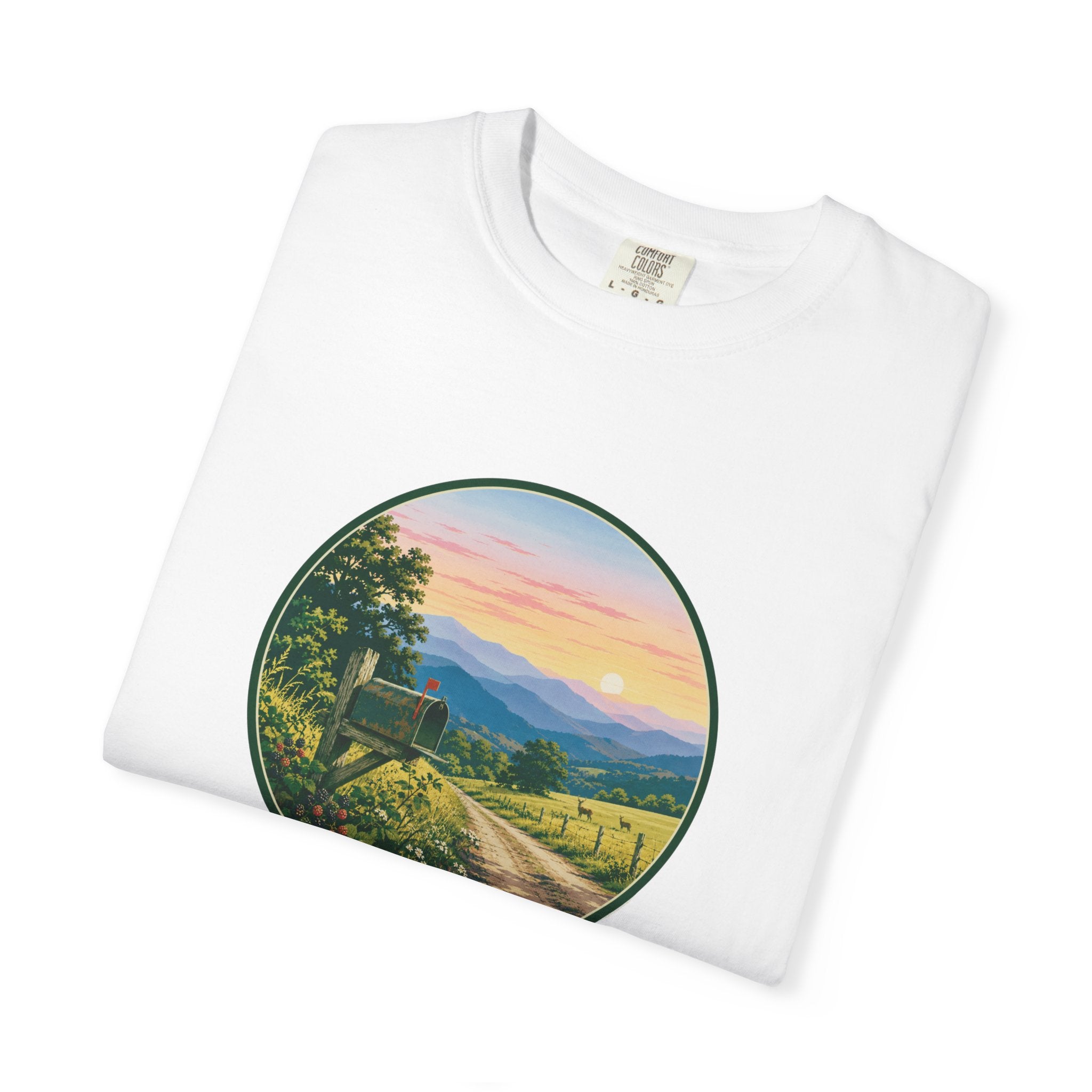 Scenic Backroad Sunset T-Shirt — Vintage Mailbox Circle Landscape Tee